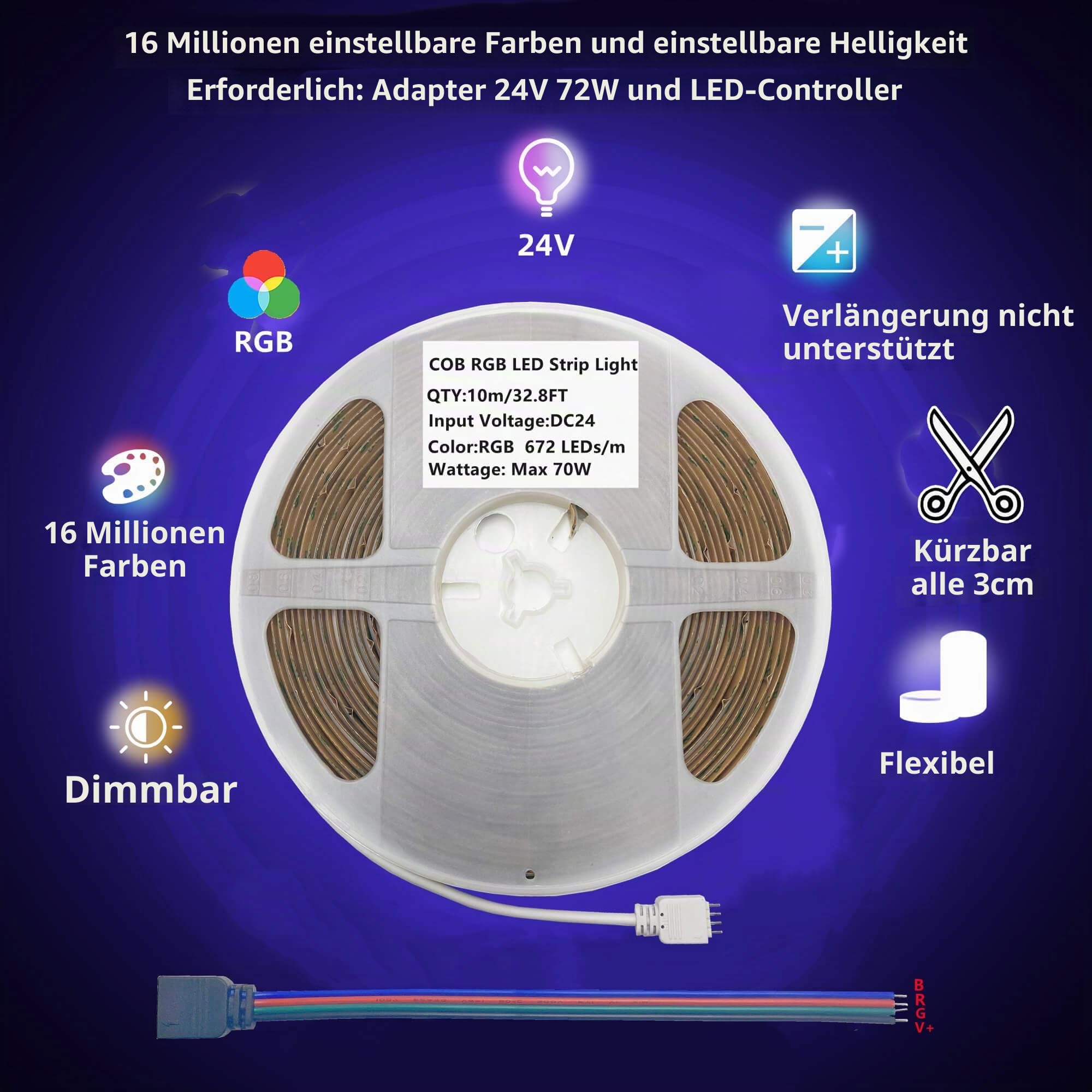 DC24V COB RGB LED Streifen,10m/Rolle Lichtstreifen für Ambientebeleuchtung