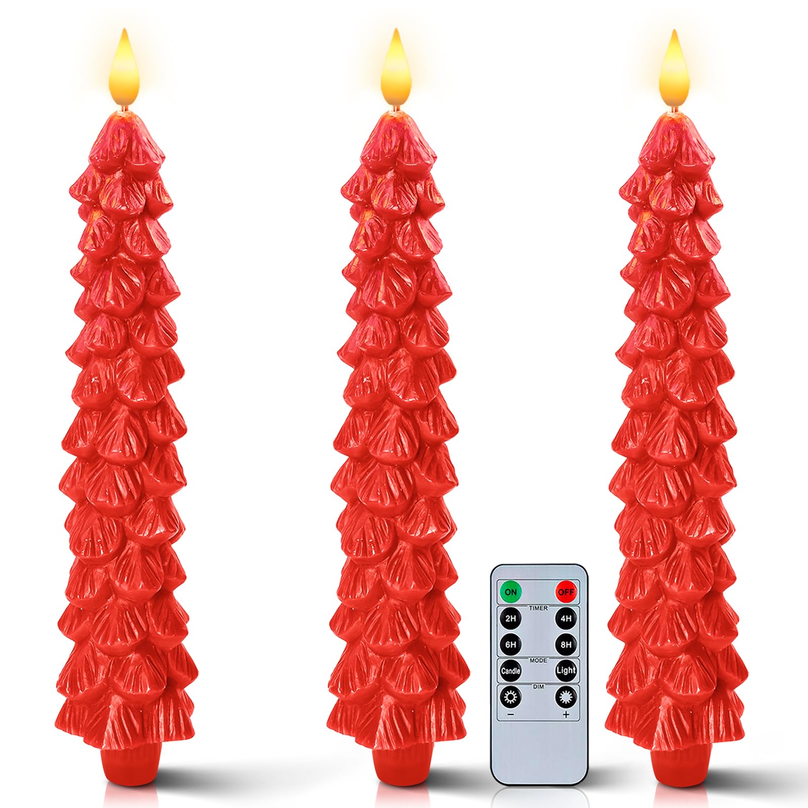 Homemory 3 Pcs Christmas Tree Candles with Remote, Waxy Flameless Taper Candles Flickering, Red LED Candlesticks Battery Operated for New Year Celebration Holiday Decorations 9.7 Inches