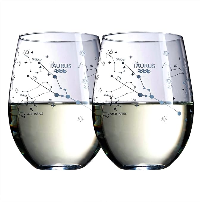 The Wine Savant Set of 2 Zodiac Sign Wine Glasses with 2 Wooden Coasters Astrology Drinking Glass Set with Etched Constellation Tumblers for Juice, Water Home Bar Horoscope Gifts 18oz (Taurus)