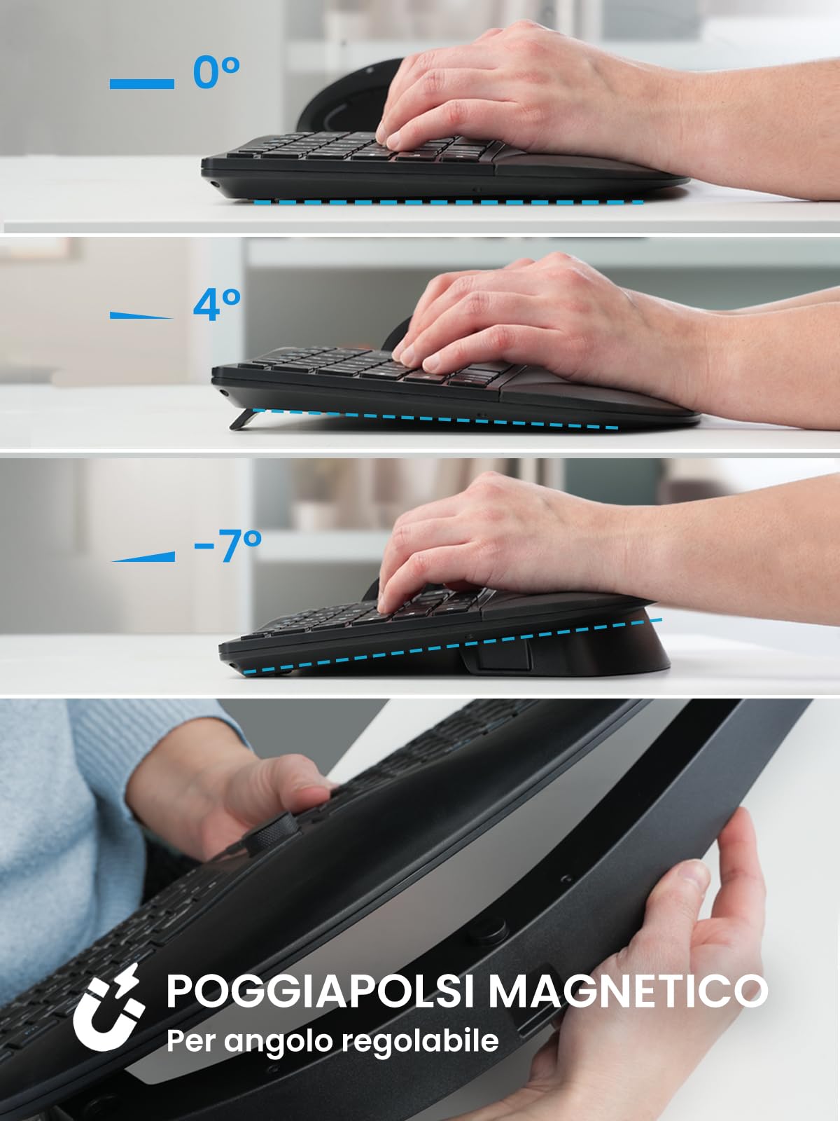 Perixx PERIDUO-614IT, Combo Ergonomico Wireless Silenzioso con Tastiera e Mouse Verticale – Poggiapolsi Regolabile – Tasti a Forbice X-Type stile Laptop – Ricaricabile – Layout IT