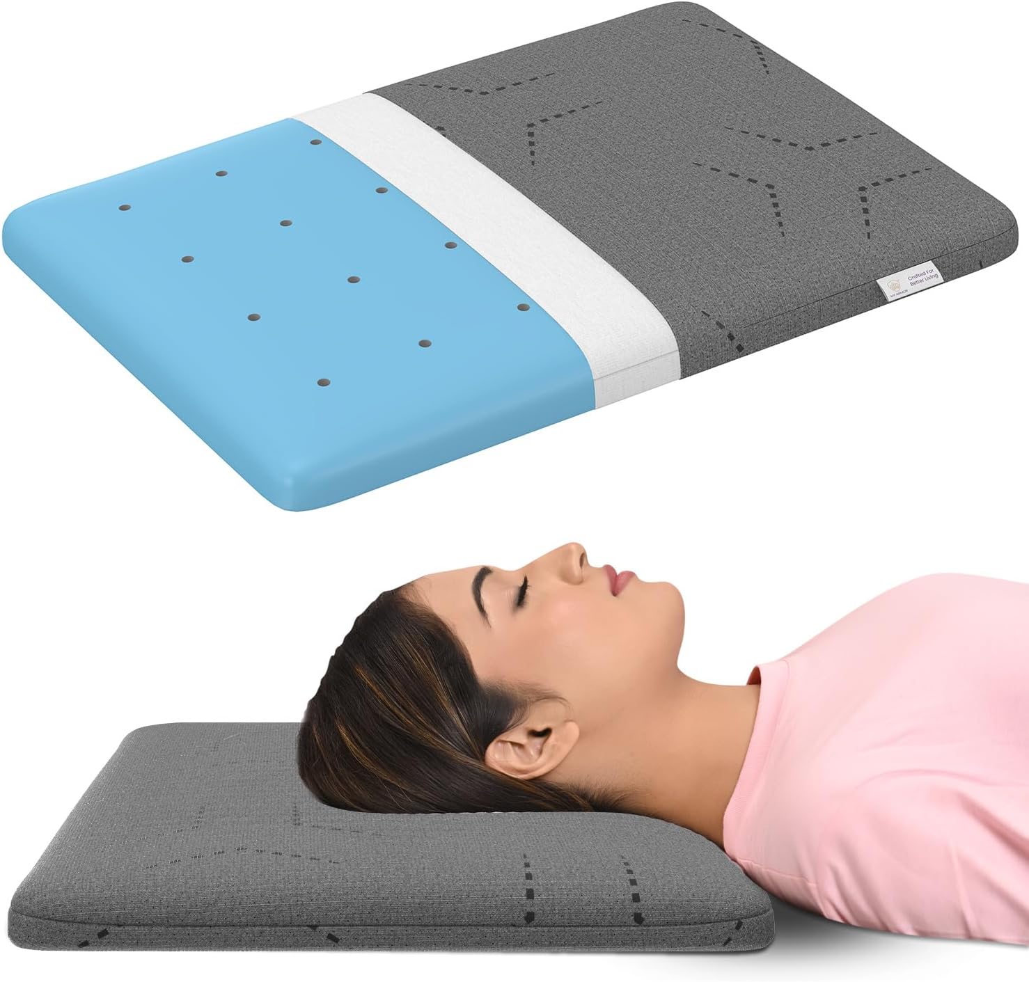 - Ventilated Cool Gel Memory Foam Pillow Ultra-Thin Size - 2.5 Inch High, |2 Years Warranty | with Grey Colour Removable Washable Pillow Cover - Pack of 1