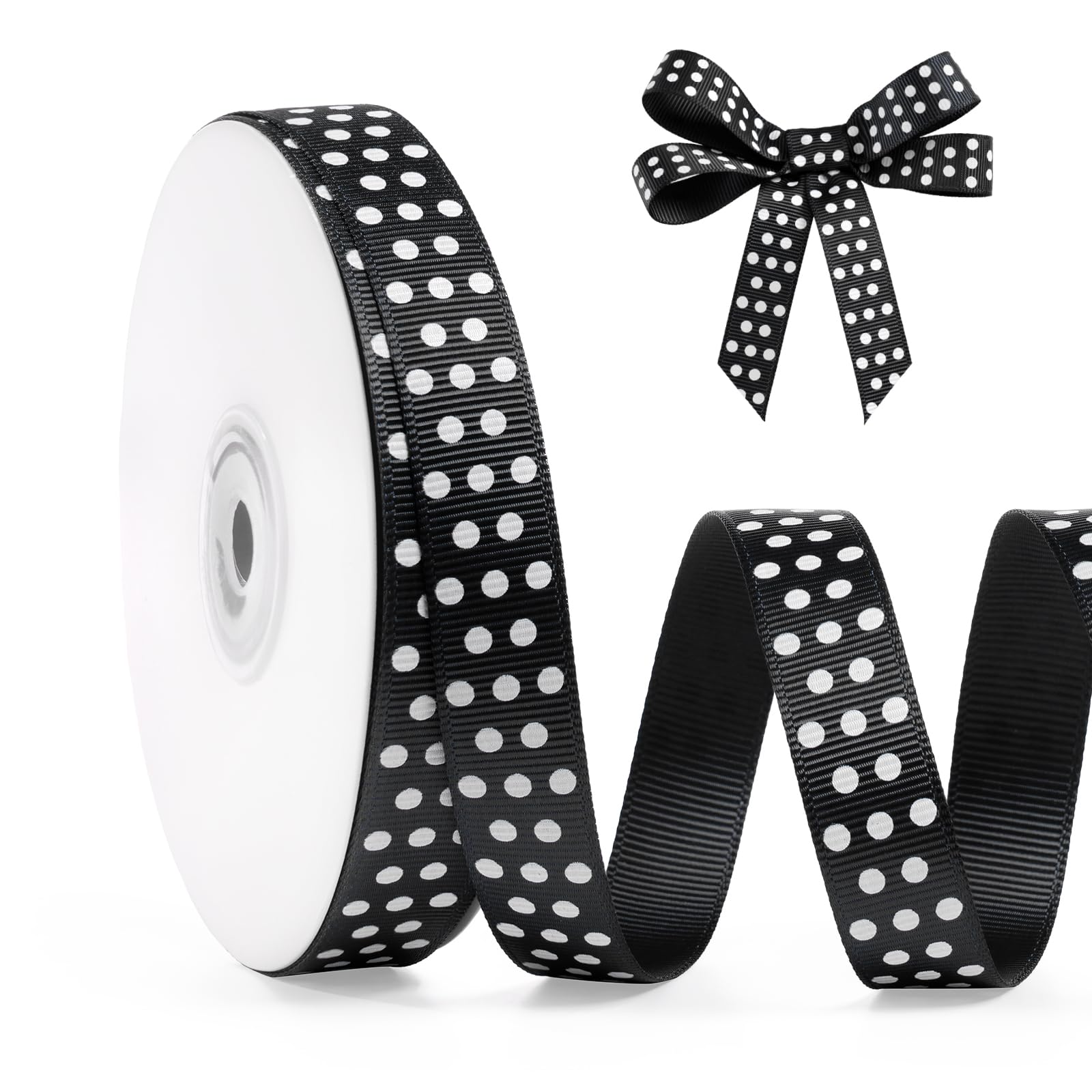 FAKILO Polka Dot Grosgrain Ribbon 15mm X 22m Black and White Dot Craft Ribbon for Gift Wrapping Christmas DIY Crafts Hair Bows Wedding Party Decor Sewing and Home Decoration