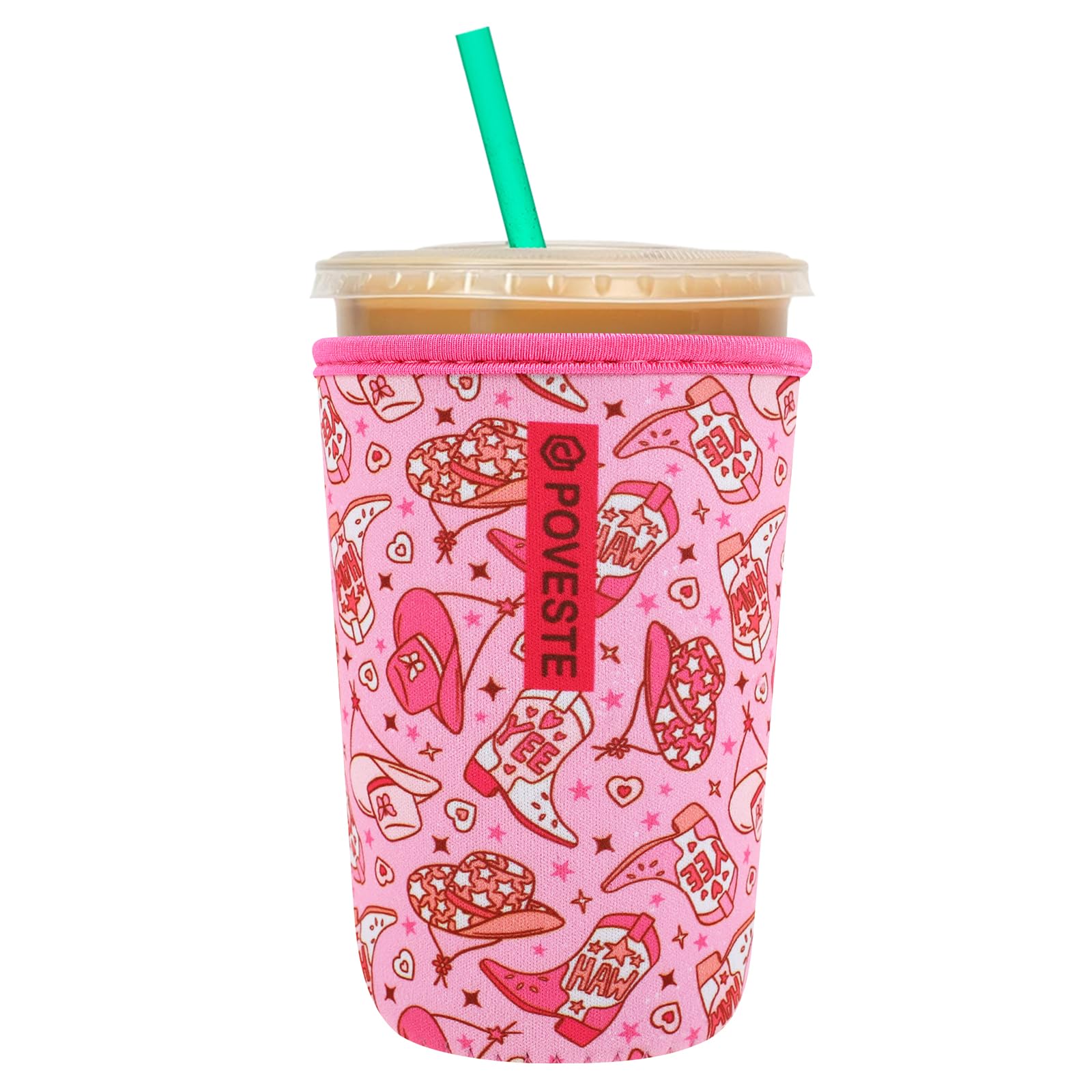 Reusable Neoprene Insulator Sleeve for Iced Coffee &amp; Cold Soda, Coffee Sleeves for Iced &amp; Hot Drinks, Cold Beverage Cooler Compatible with Starbucks, Dunkin (Cowgirl Spirits, Medium: 22-24oz)