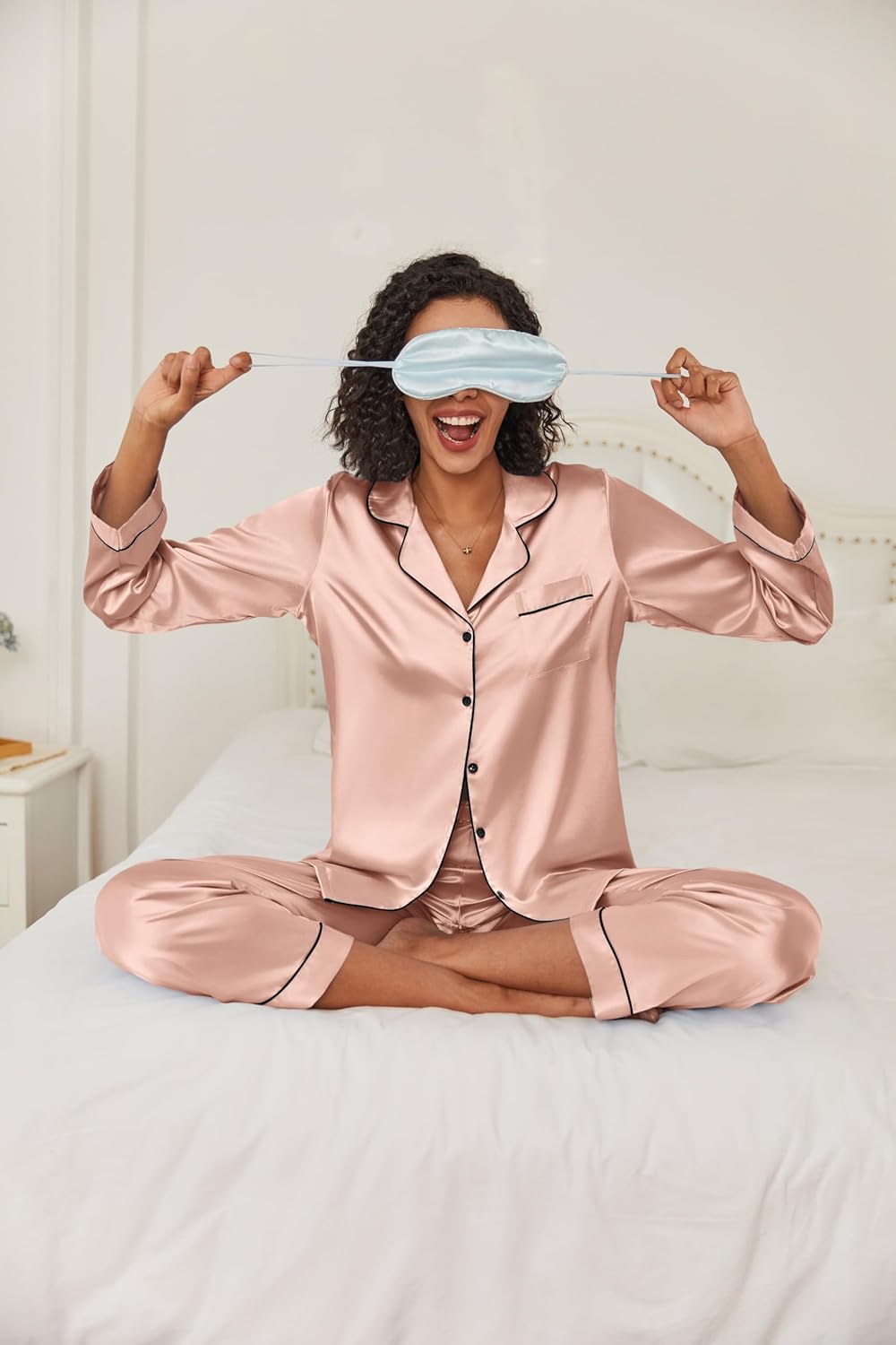 Ekouaer Women's Classic Button Down Long Satin Silk Pajama Set - Image 3