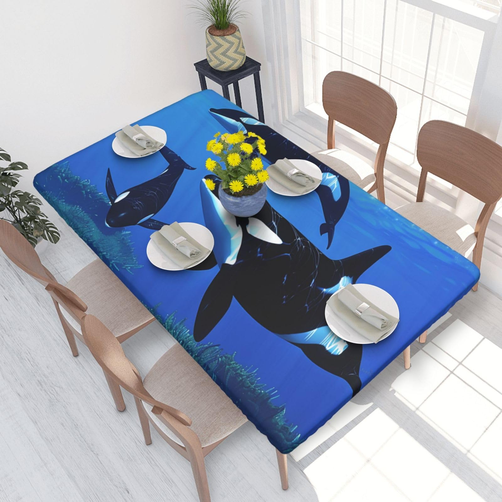 DCARSETCV Killer Whales Swim Along Printed 4FT Waterproof Tablecloth with Elastic Edged Protect & Decor Your Table, Oil-proof Washable Table Cloth Cover for Dinner Picnic Party