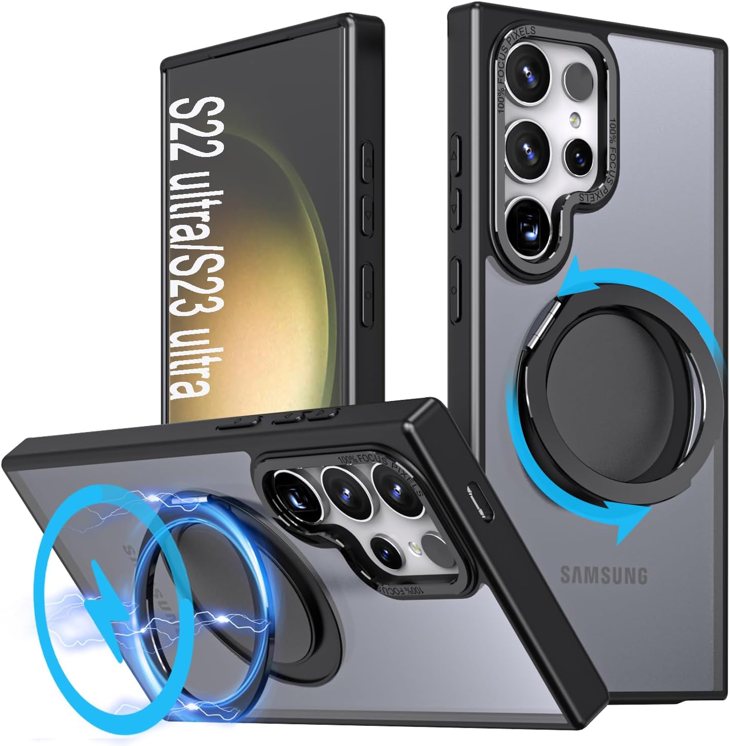 Magnetic Ring Case for Samsung Galaxy S22 Ultra/S23 Ultra, Shockproof Protection, 360° Rotatable Ring Stand, Compatible with MagSafe, Black