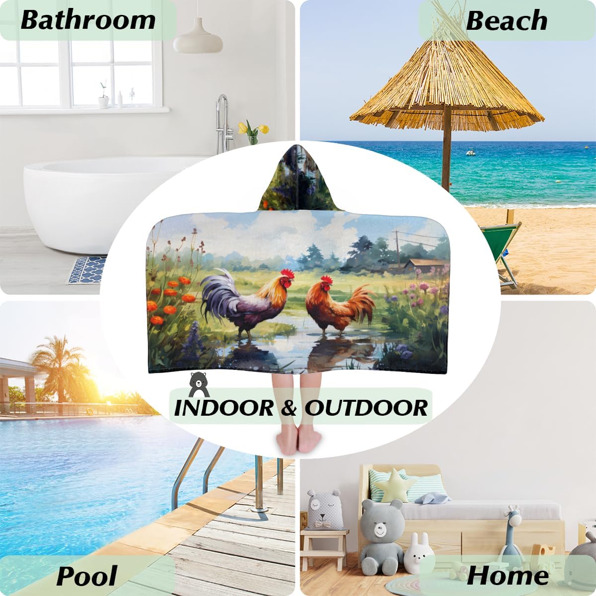 Pardick Kids Bath Towel Farmhouse Rooster Beach Towel with Hood Pool Cover Up for Girls Boys Soft Absorbent Hooded Bath Towel Toddler Towels for Beach, Pool