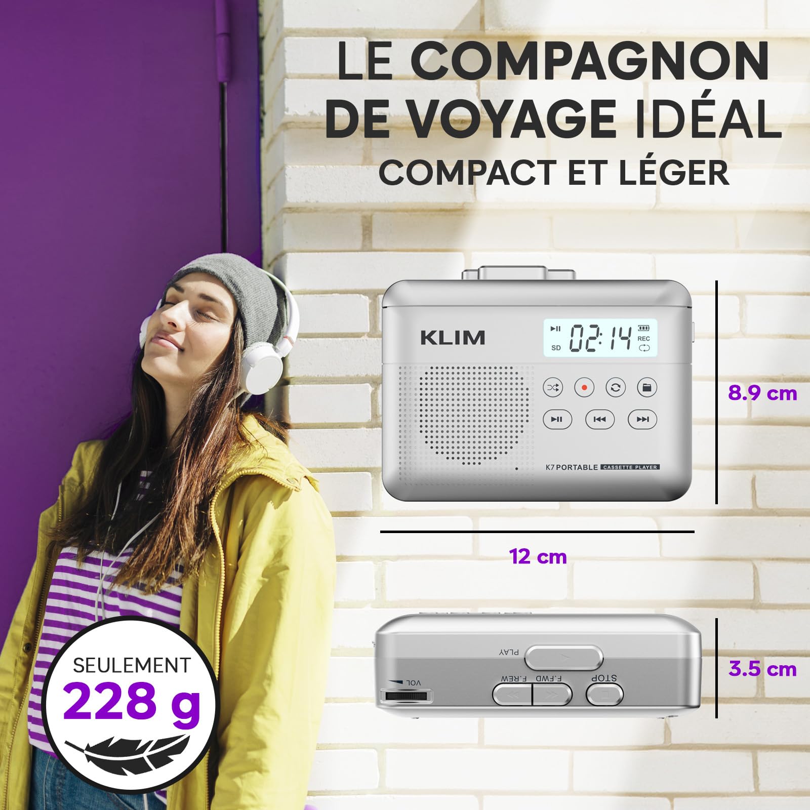 Cassette Player KLIM K7 - Lecteur Cassette Audio - Convertisseur Audio en MP3 - Microphone et Haut-Parleur intégrés - Batterie Rechargeable - Ecouteurs - Carte SD 16GB - Argent