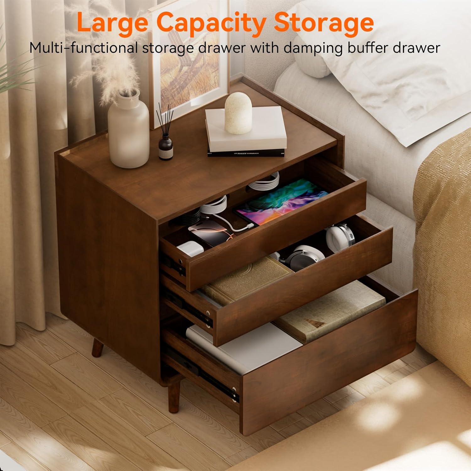 25.43" Walnut Finish Nightstand with Charging Station Mid Century Modern Night Stand with Leg Wood Bedside Table with Drawers Nightstand for Bedroom Dorm