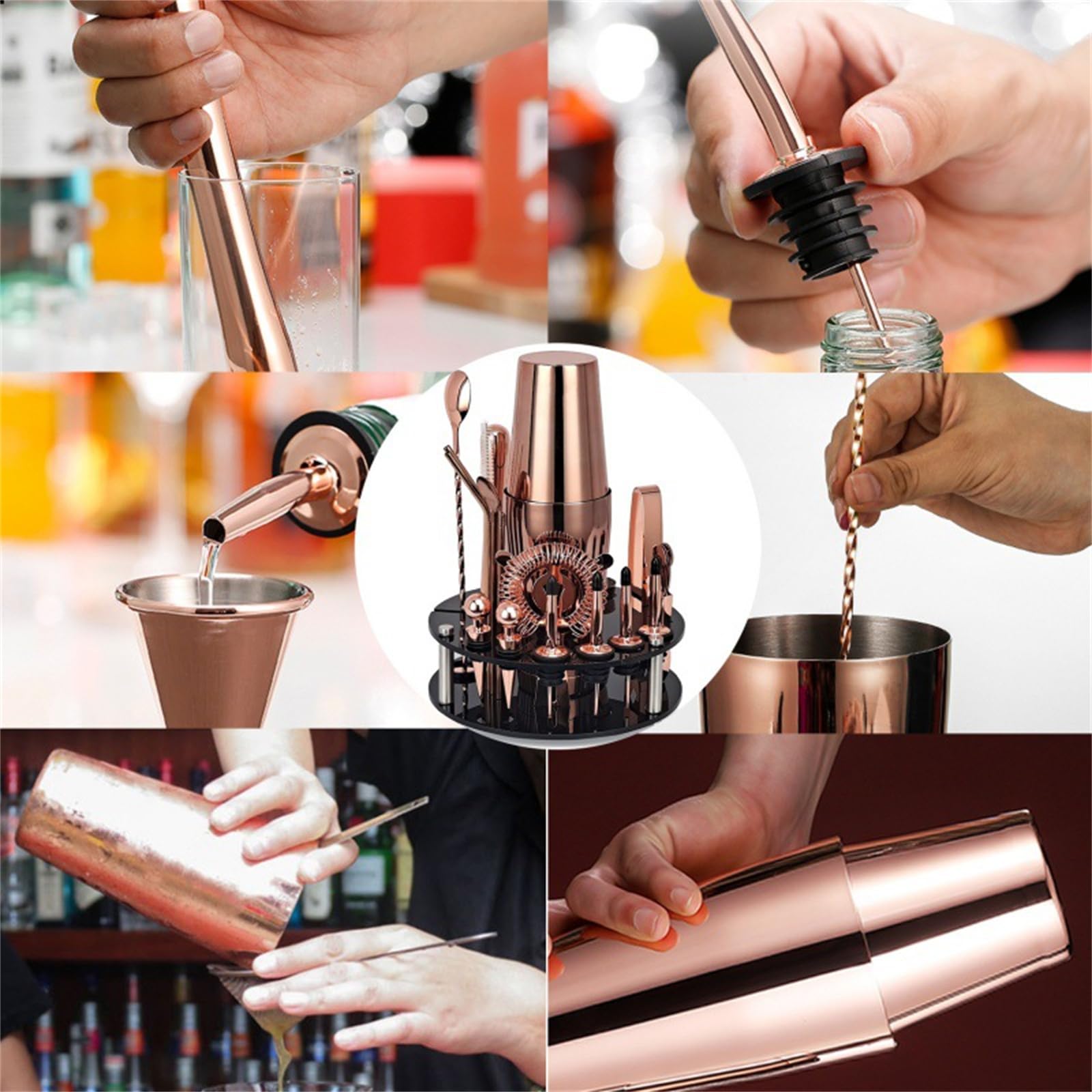 Zenithia 20 pièces Shaker à Cocktail avec Support tournant,Shaker en Acier Inoxydable Ensemble,Agitateur à Cocktail,Kit de Barman Professionnel,Outils de Bar à la Maison pour Mélanger des Boissons