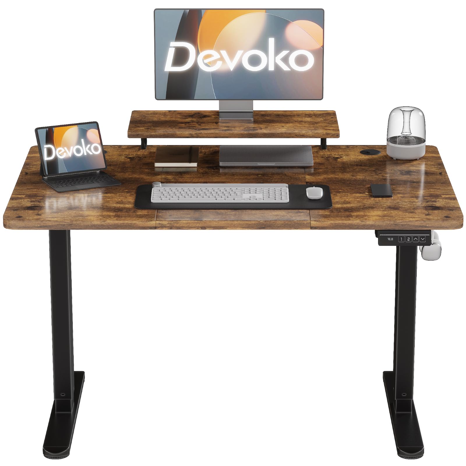 Devoko Escritorio Elevable Eléctrico con Tablero 140 x 60cm, Escritorio Regulable en Altura 73-118cm, 2 Opciones de Memoria Inteligente para Estudiar, Trabajar(140×60 cm,Marrón)