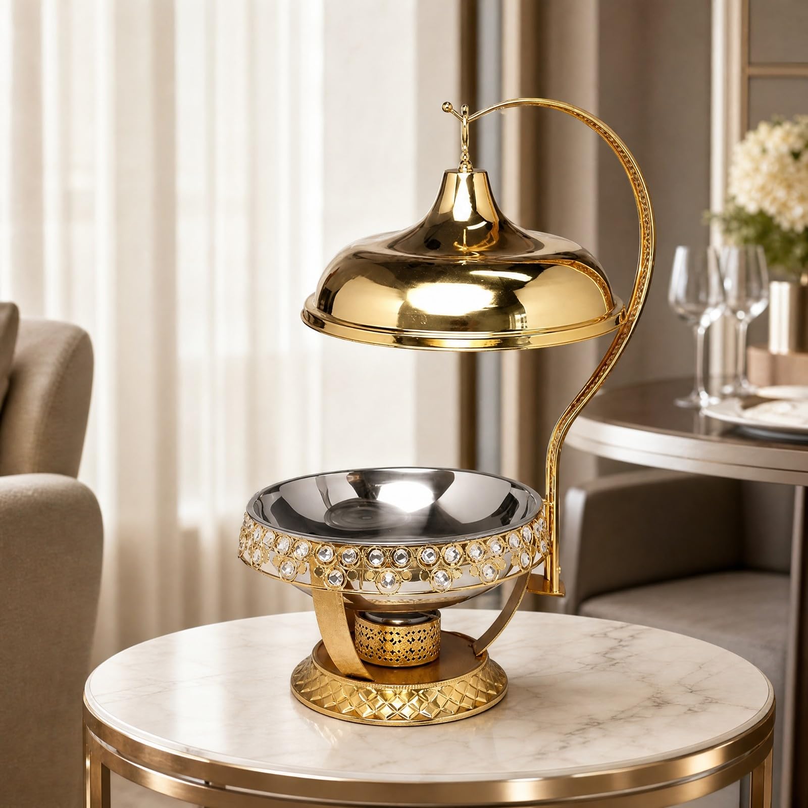Scaldavivande Buffet con Coperchio Sospeso E Base Rialzata in Metallo Acciaio Inox Dorato per Hotel Ristoranti Eventi All Aperto Cene Cerimonie Adatto, 16 Diamanti Oro