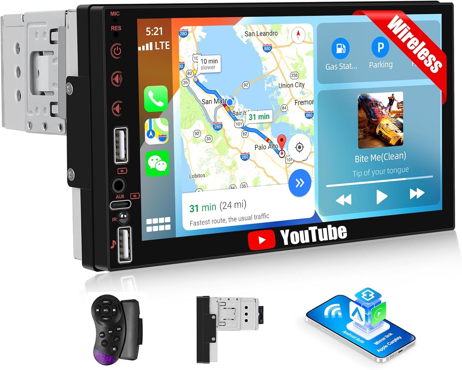 CAMECHO Car Radio with Touch Screen HD 7″ with Wireless CarPlay and Android Auto,1 DIN Carplay Radio with GPS Navigator Youtube Bluetooth,WiFi,FM,USB,AUX,Type-C+Steering Wheel Controls