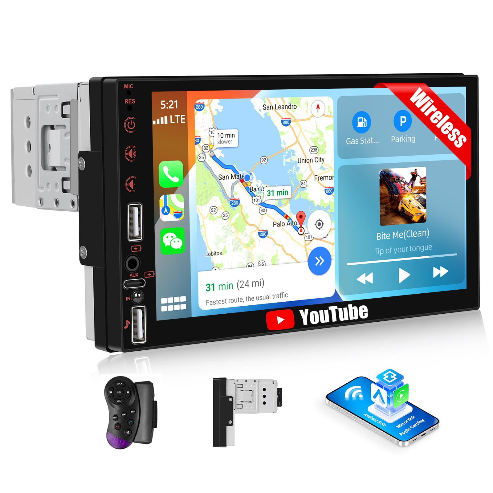 CAMECHO Radio para Coche con Pantalla Táctil HD de 7" con CarPlay Inalámbrico y Android Auto,Radio Carplay 1 DIN con Navegador GPS Youtube Bluetooth,WiFi,FM,USB,AUX,Type-C+Controles en el Volante