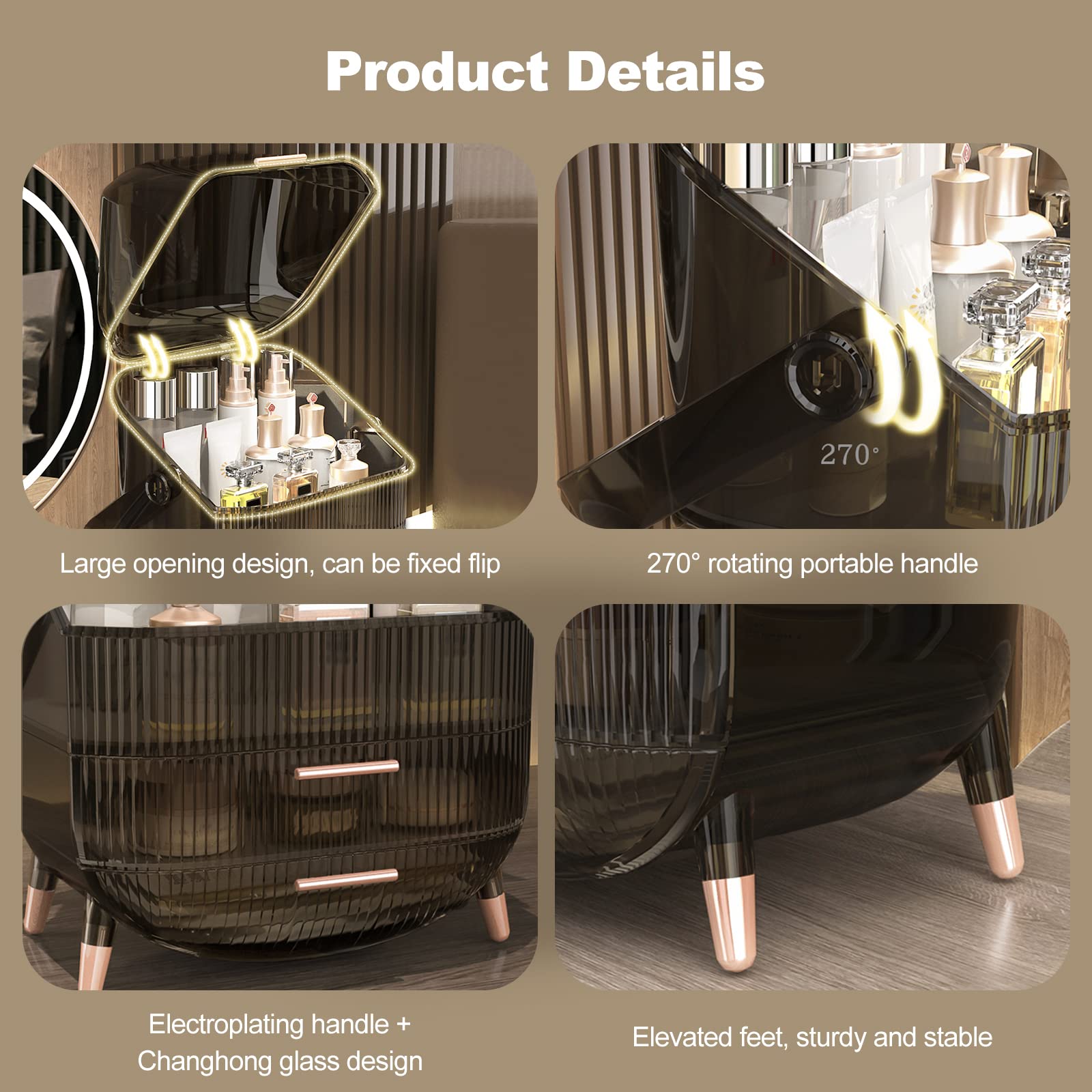 Galatée Retro Serie 180°Drehbar Tragbare Make Up Organizer Kosmetikbox Kosmetische Aufbewahrungs Box Mit Staubdichtem Deckel, Beauty Organizer Mit 2 Schubladen Und Tragegriff - （Retro-Grau）