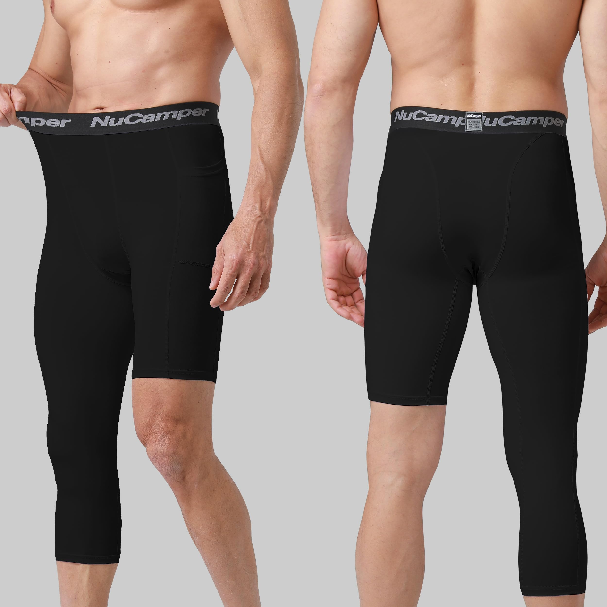 NuCamper Pantalones de Compresión 3/4 Hombre Baloncesto Capa Base Bolsillos Mallas Secado Rápido Transpirables Leggings Correr