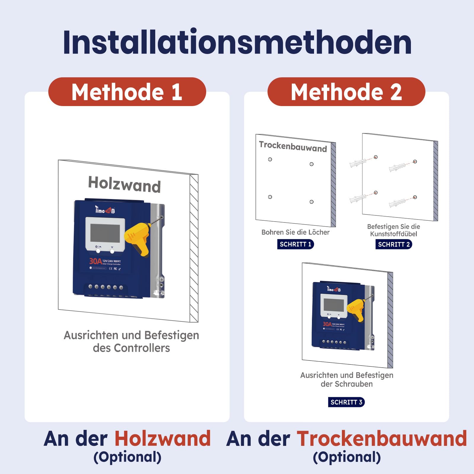 Timeusb 12V/24V 30A MPPT Solarladeregler für Lithium Blei-Säure Batterien | Max. 50V PV-Eingang,Automatische Erkennung & 99% Effizienz,Intelligenter Solar Regler mit LCD-Bildschirm für Wohnmobil