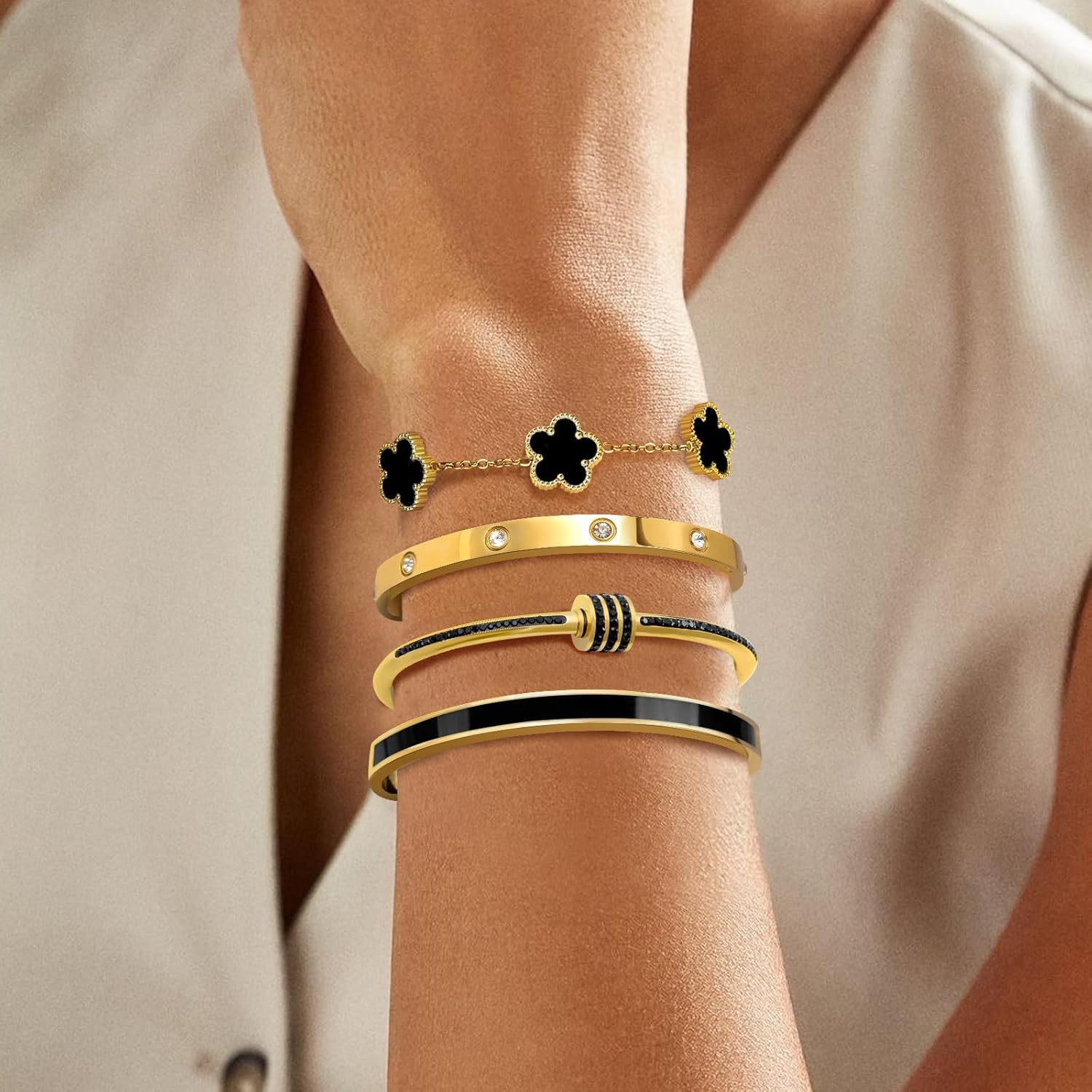 Gold Bracelets for Women, 18K Gold Plated Tennis Nail Clover love Bangle Bracelets Set Non Tarnish, Stainless Steel Trendy Stackable Bracelet Fashion Jewelry Accessories Gifts for Christmas - Image 6
