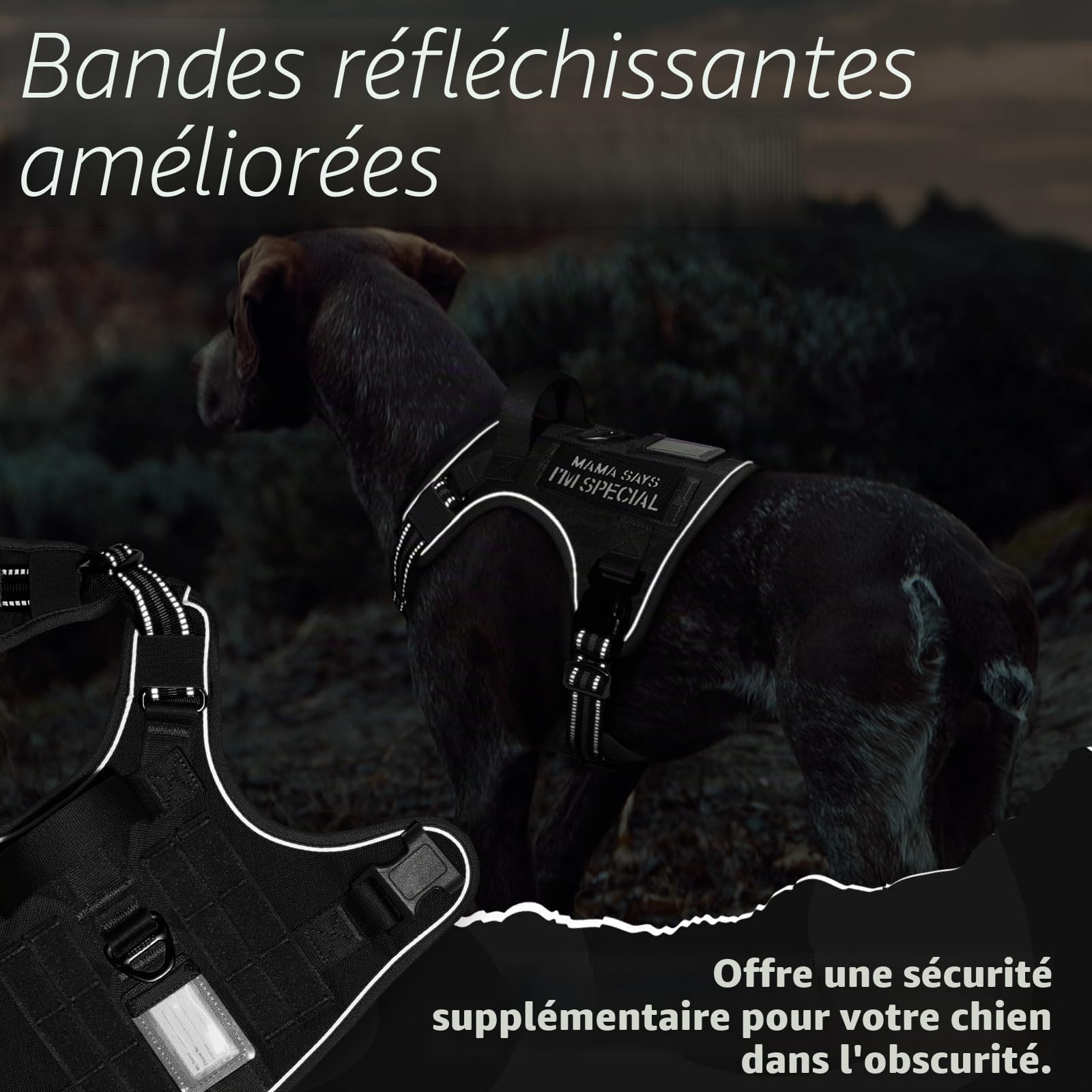 rabbitgoo Harnais Chien Anti Traction, Harnais Tactique Chien Réfléchissant Réglable avec Poignée et Anneaux, Gilet Solide Facile à Mettre, Harnais Chien Militaire pour Entraînement Chasse, Noir, L