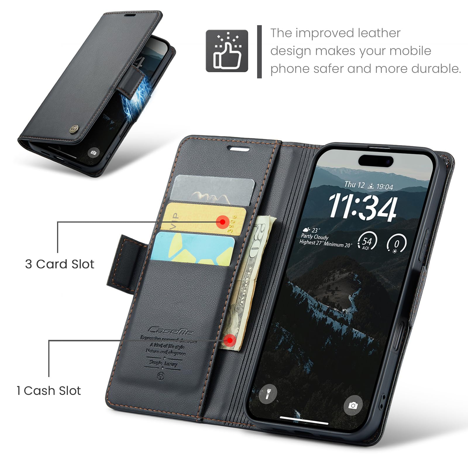 Cover for iPhone 17 Pro Wallet Case [RFID Blocking] Premium PU Leather Wallet Case Flip Book Case with Card Holder Slot Stand Flip Case for iPhone 17 Pro, Black - 3
