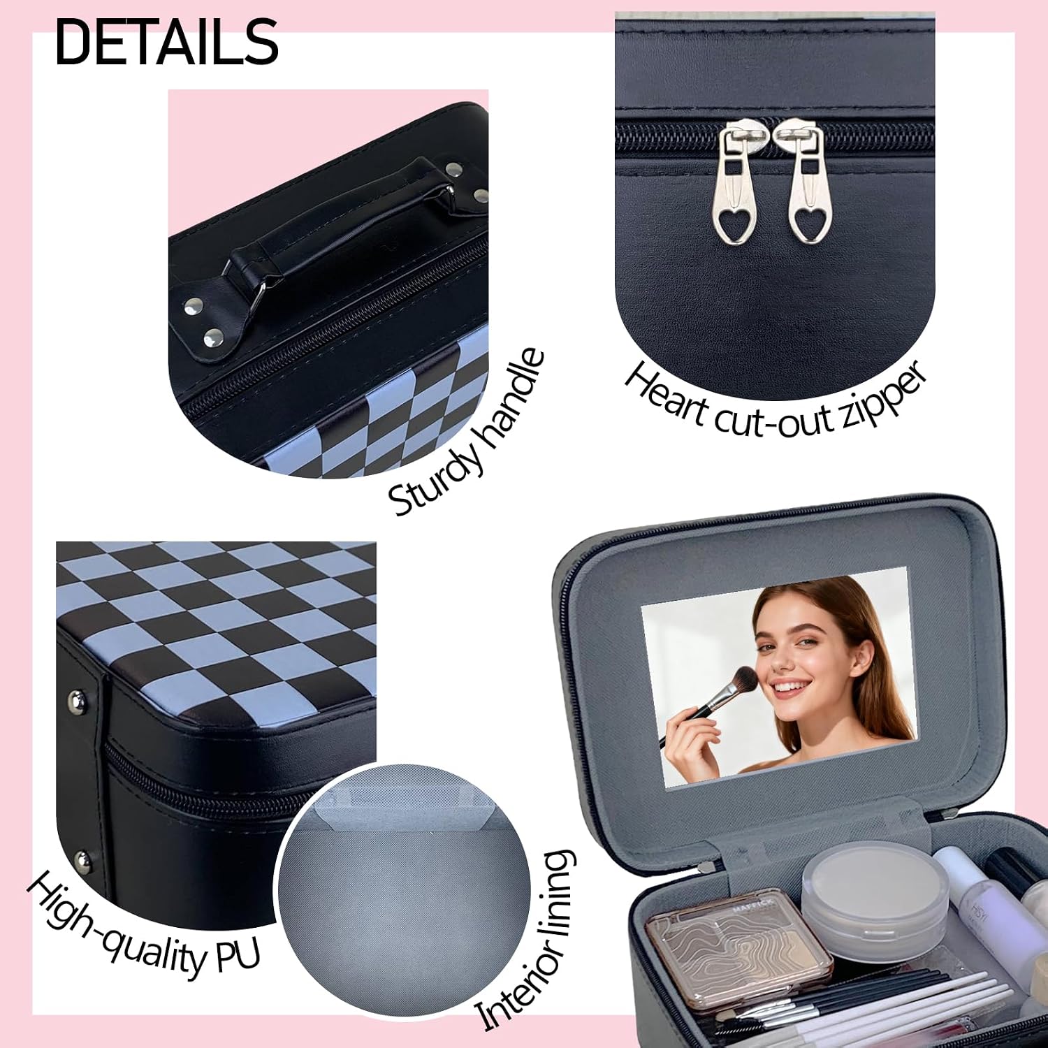 Travel Makeup Case with Mirror, Large Capacity Cosmetic Bag,for Bedroom, Travel,Portable Organizer for Cosmetics, Nail Tools, Craft Supplies, Gift for Women Mom Girls