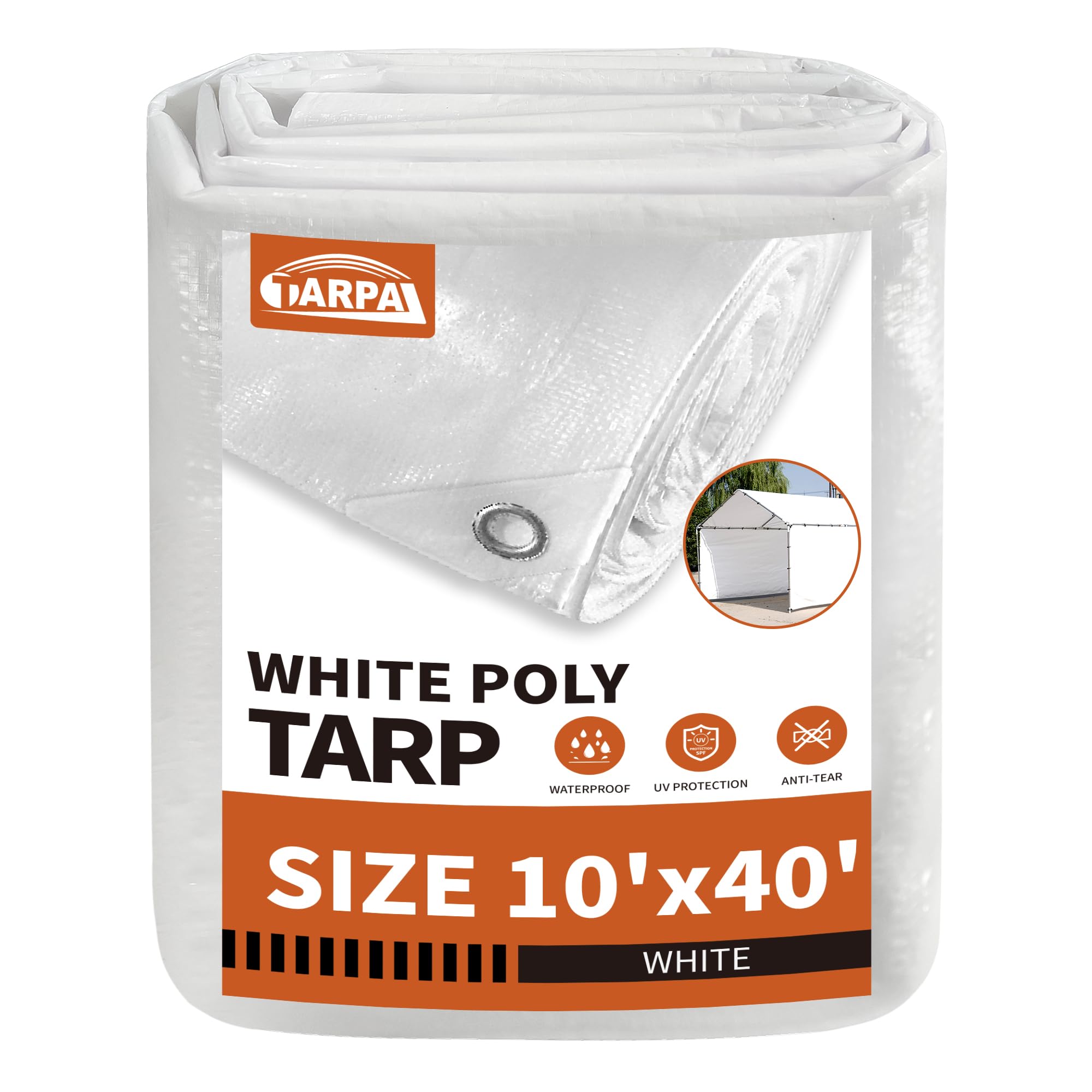 TARPAL 10'x40' White Tarp Waterproof 7.5 mil Medium Duty All Purpose Poly Tarps Cover Waterproof,Snow Proof UV Protection,Rip and Tear Proof,Poly