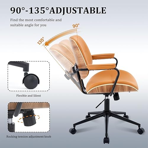 Miniatura 4 de BV Mid Century Modern - Juego de 1 silla de oficina giratoria con reposabrazos y respaldo de nogal, silla de escritorio ajustable para oficina en