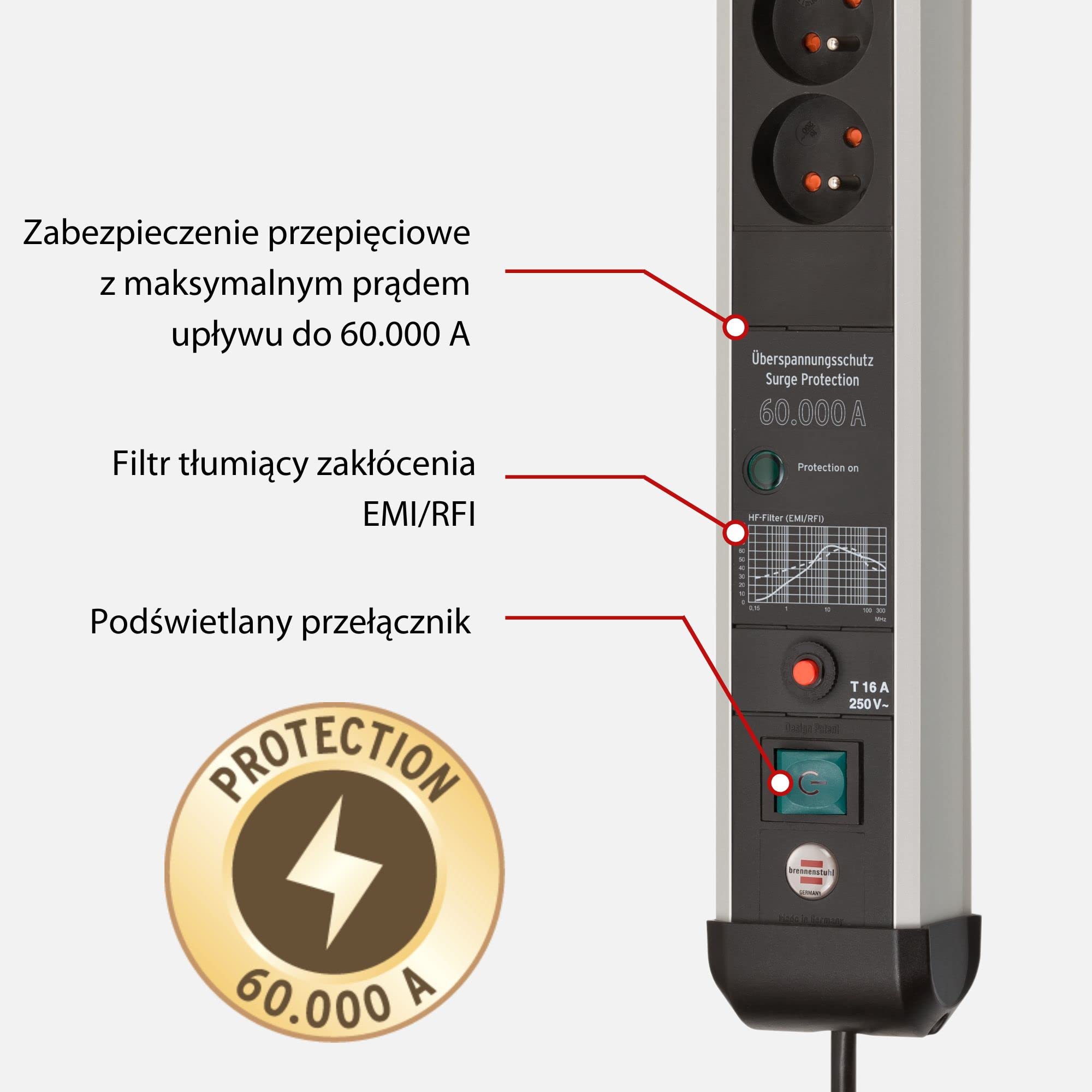 Brennenstuhl Premium-Protect-Line Steckdosenleiste 8-Fach, 3m | Mit Überspannungsschutz 60.000 A, mit Schalter, Made in Germany, silber/schwarz