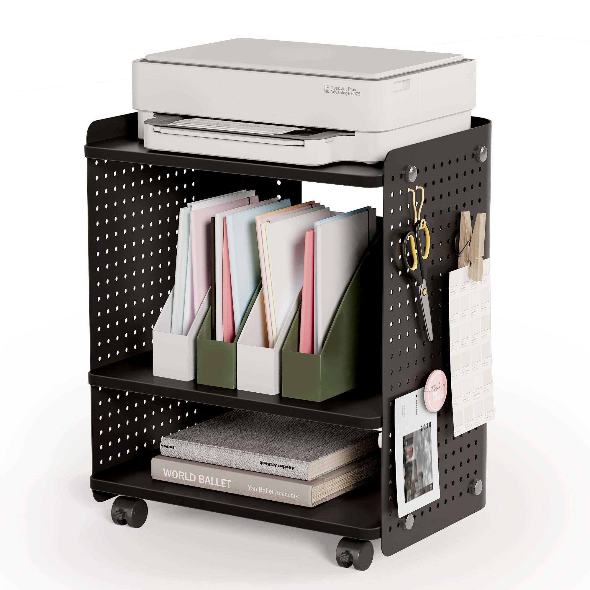 Fenge Soporte para Impresora de 3 Niveles con Tablero Perforado, Organizador de Oficina con Estante Ajustable, Carrito de Impresora para Oficina en Casa, 45,3x33,5x53,5cm (Negro)