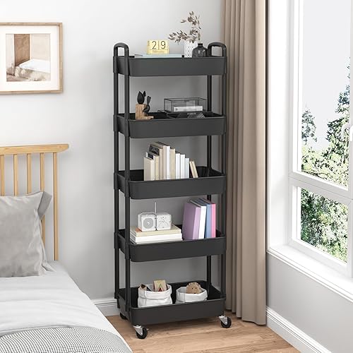 Miniatura 6 de Sywhitta Carrito de plástico de 5 niveles con asa, carrito de almacenamiento multifuncional para oficina, sala de estar, cocina, organizador de
