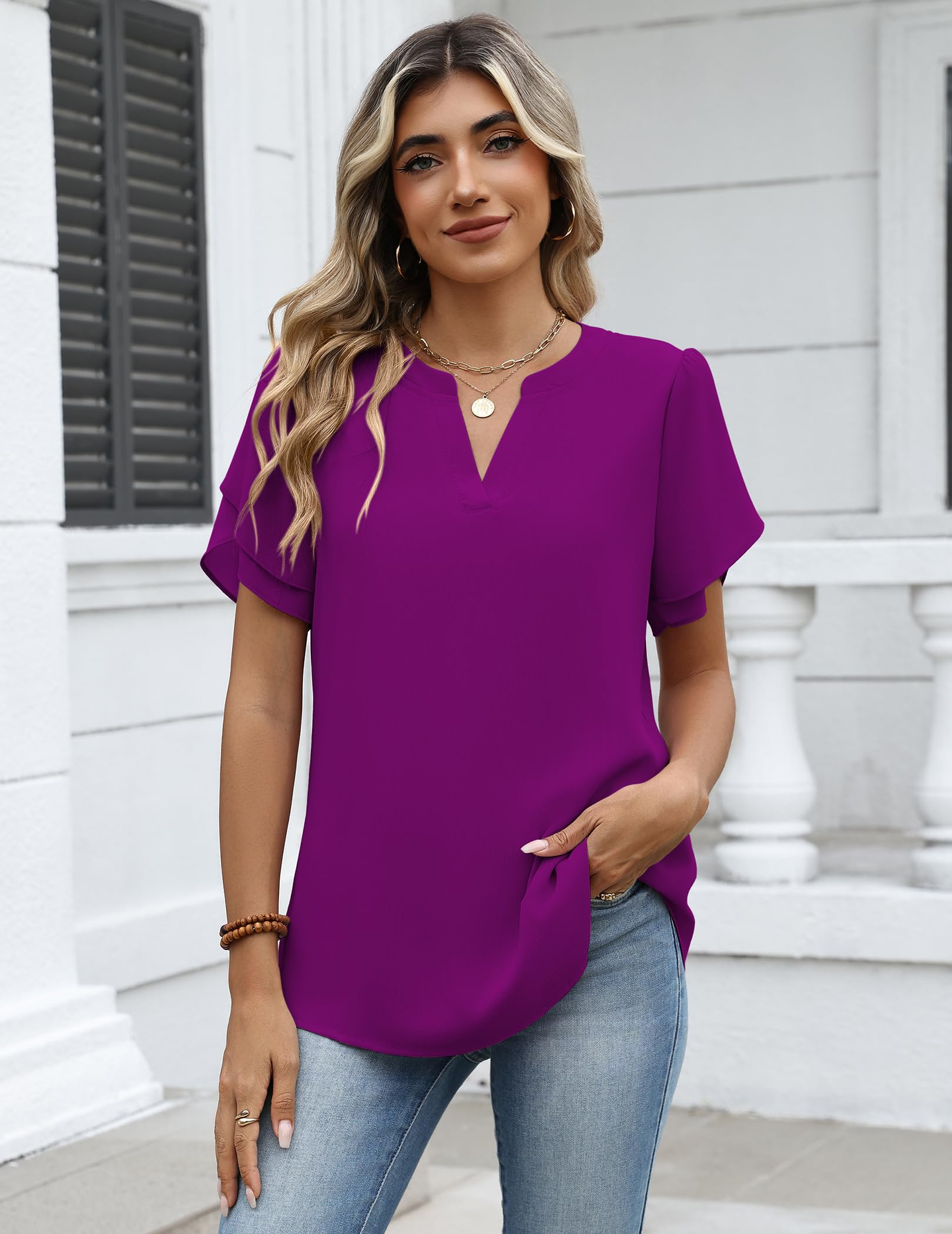 Zeagoo Blusa elegante de verano para mujer, de manga corta, de gasa, cuello en V, túnica, de malla, de doble capa