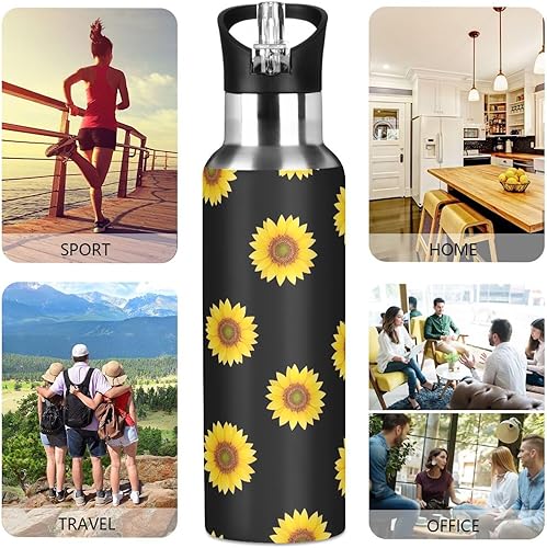 Miniatura 5 de Stainless Steel Vacuum Insulated Water Bottle 32 Oz, BPA-Free Sports Water Bottle for Gym Outdoor Travel School, Yellow Sunflowers Black