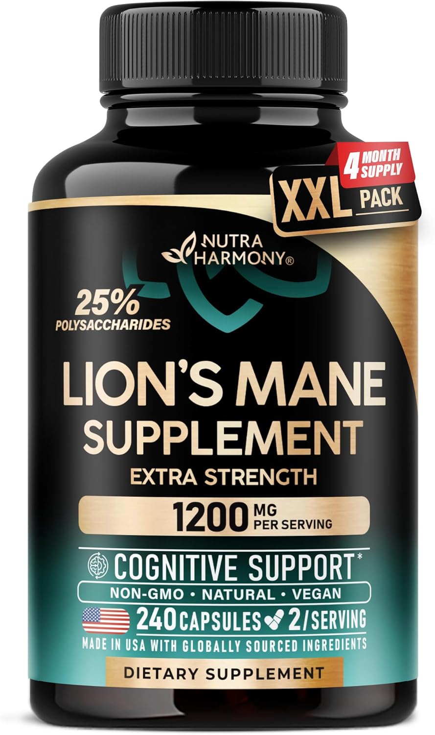 Lions Mane Supplement Capsules - Organic Lions Mane - Made in USA - Fruiting Bodies Extract - 1200 mg, 25% Polysaccharides - Memory & Focus Support - As Lions Powder - 240 Capsules, 4 Month Supply