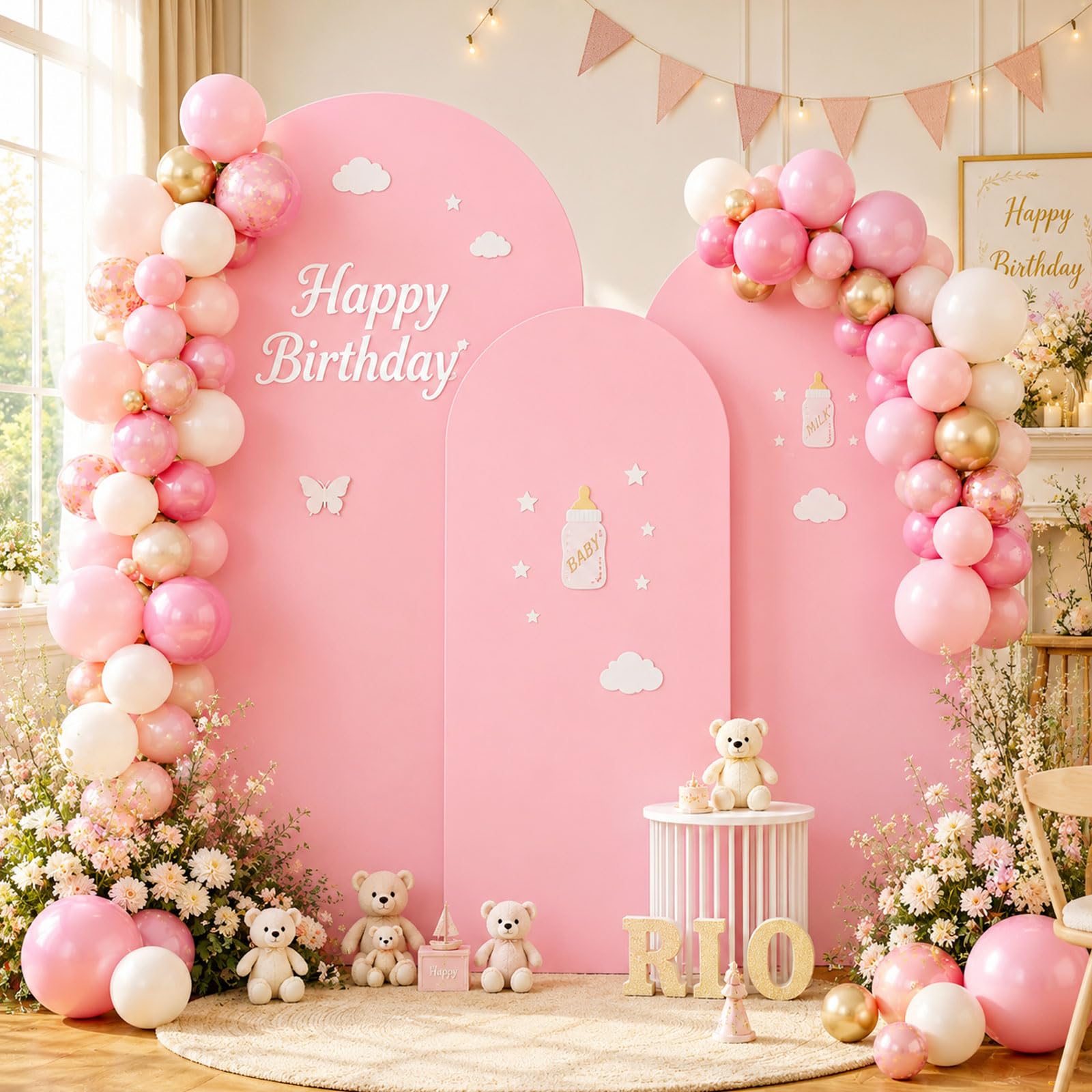 Arc de fond - Toile de fond double face avec dessus rond, fond photo pour mariage, anniversaire, cérémonie, fête et banquet (rose, lot de 3)