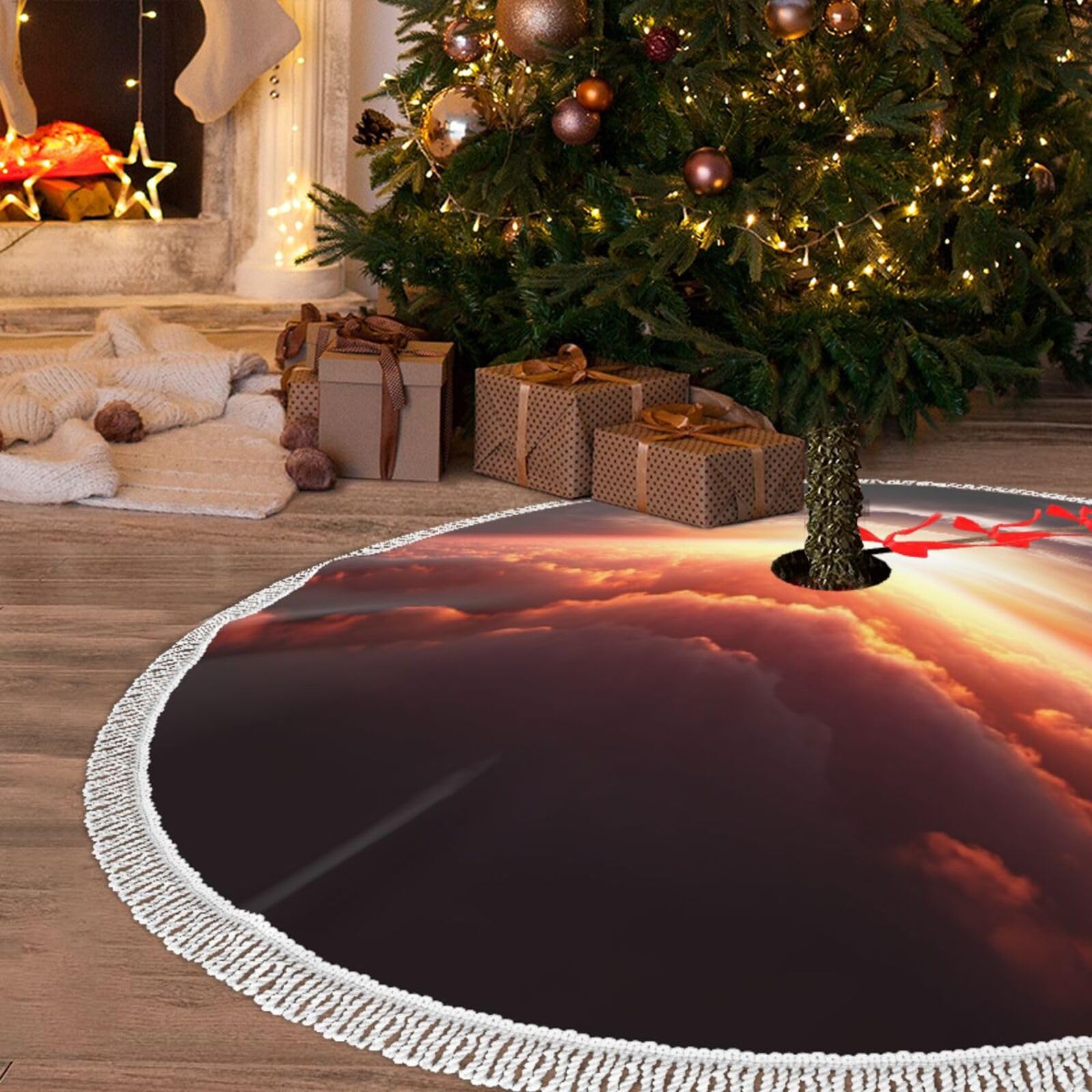 Jupe de sapin de Noël 122 cm avec pompons tapis blanc à motif nuage