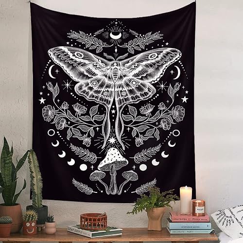 Tapiz gótico de polilla de mariposa, hippie y emo, grunge, gótico, champiñón, bruja para dormitorio, estético, vertical, vertical, vintage, tapices