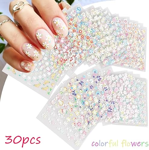 Miniatura 7 de 30 hojas de calcomanías de arte de uñas de flores coloridas, suministros de arte de uñas, calcomanías autoadhesivas 3D, calcomanías de uñas