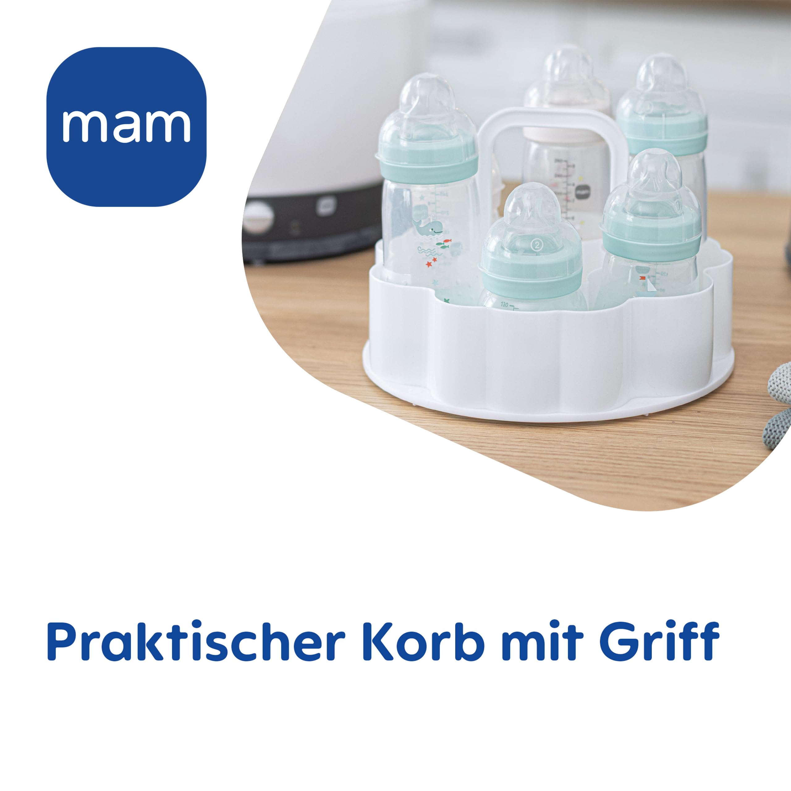 MAM Sterilisator, elektrischer Dampfsterilisator für Babyflaschen, Sauger & Zubehör, zuverlässiger Vaporisator inkl. Oberkorb und Zange, grau