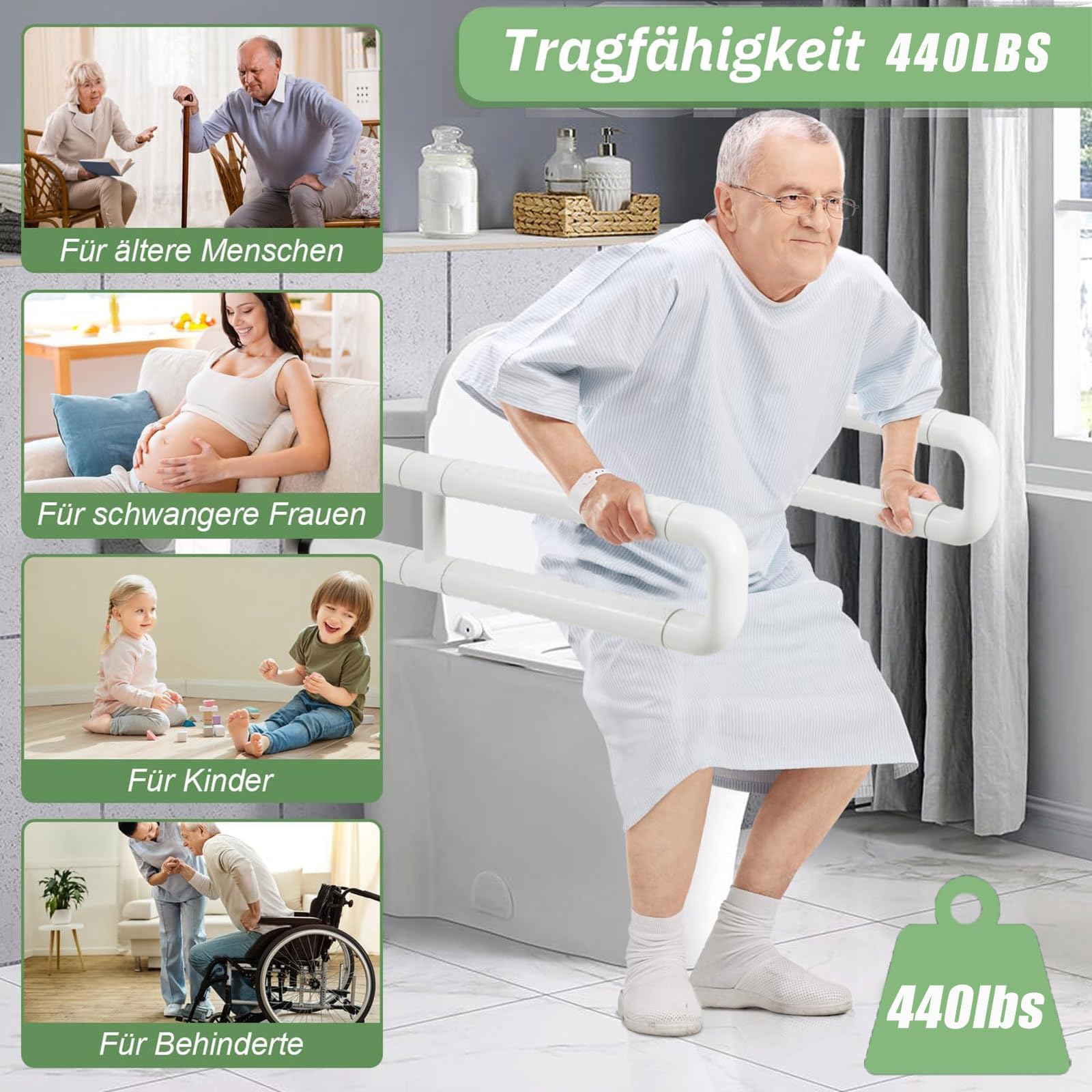 2 asideros de inodoro para personas mayores, ayuda a levantarse, antideslizante, plegable, para personas con discapacidad, capacidad de carga de hasta 200 kg (blanco, 60 cm)