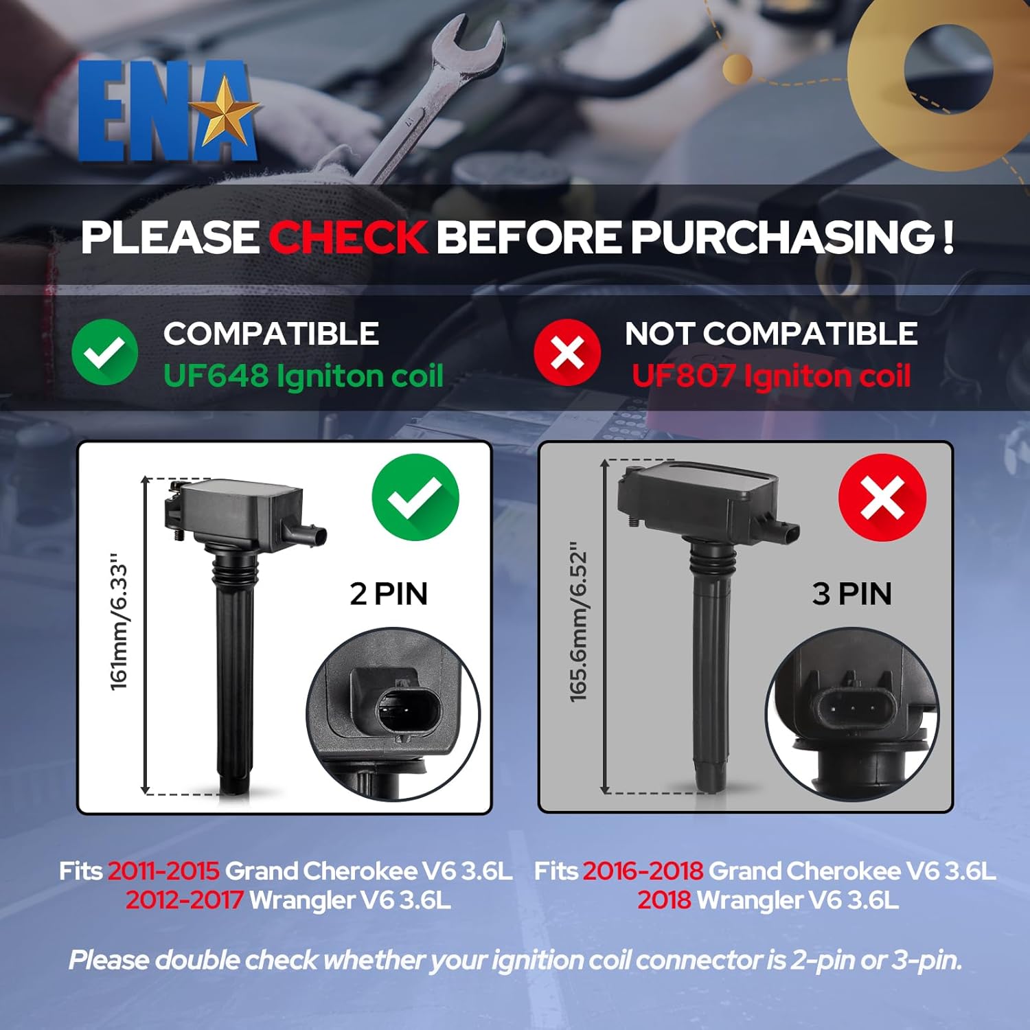 ENA 3.6 V6 UF648 Ignition Coil 97390 Spark Plugs Compatible with Dodge Chrysler VW 200 300 Challenger Avenger Charger Durango Journey Grand Cherokee Caravan Wrangler Routan Set of 6