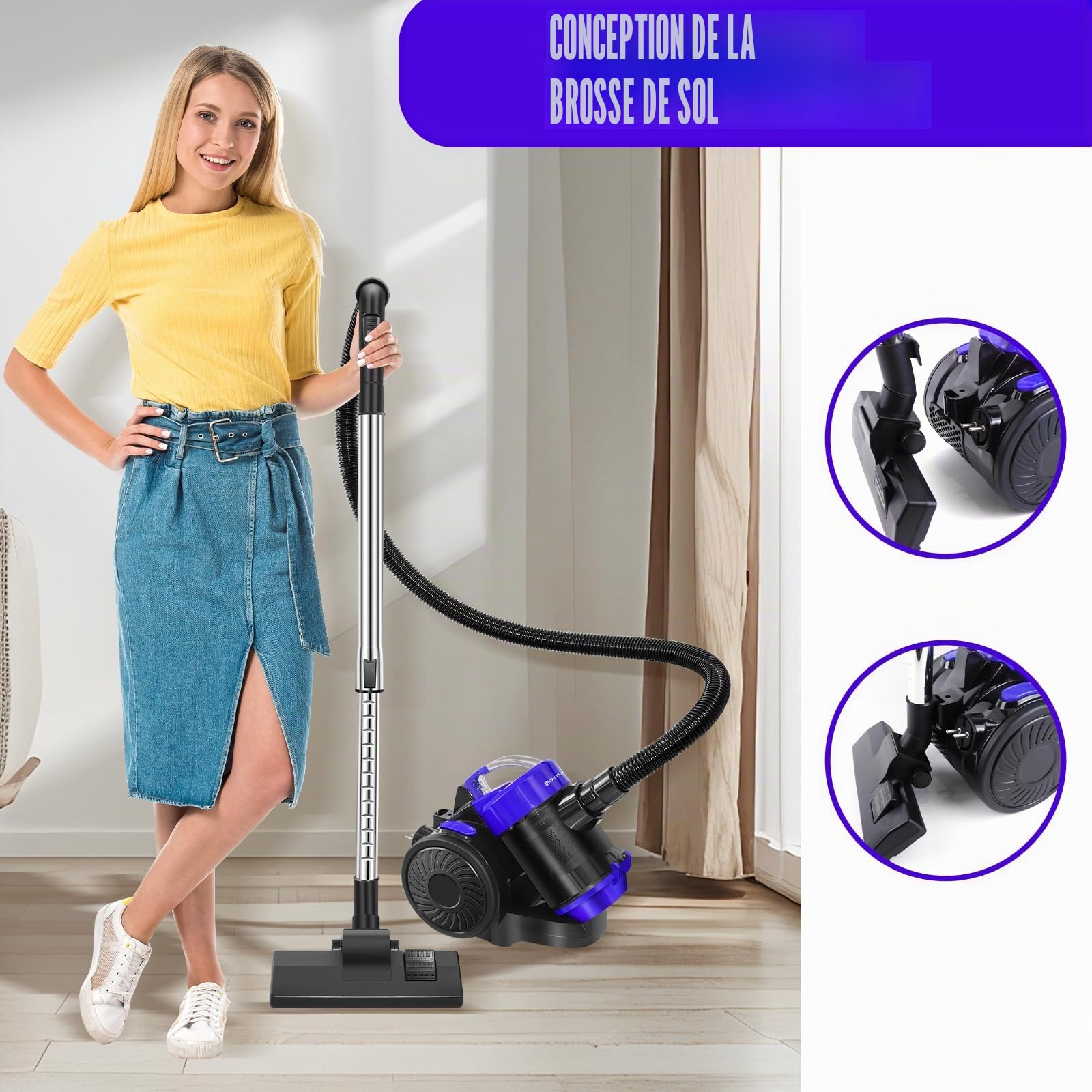 Aspirateur sans sac 1500 W Aspirateur sans sac 25 kPa, silencieux, avec filtre HEPA, bac à poussière de 1,5 l, compact et léger, pour tapis, sols durs, poils d'animaux