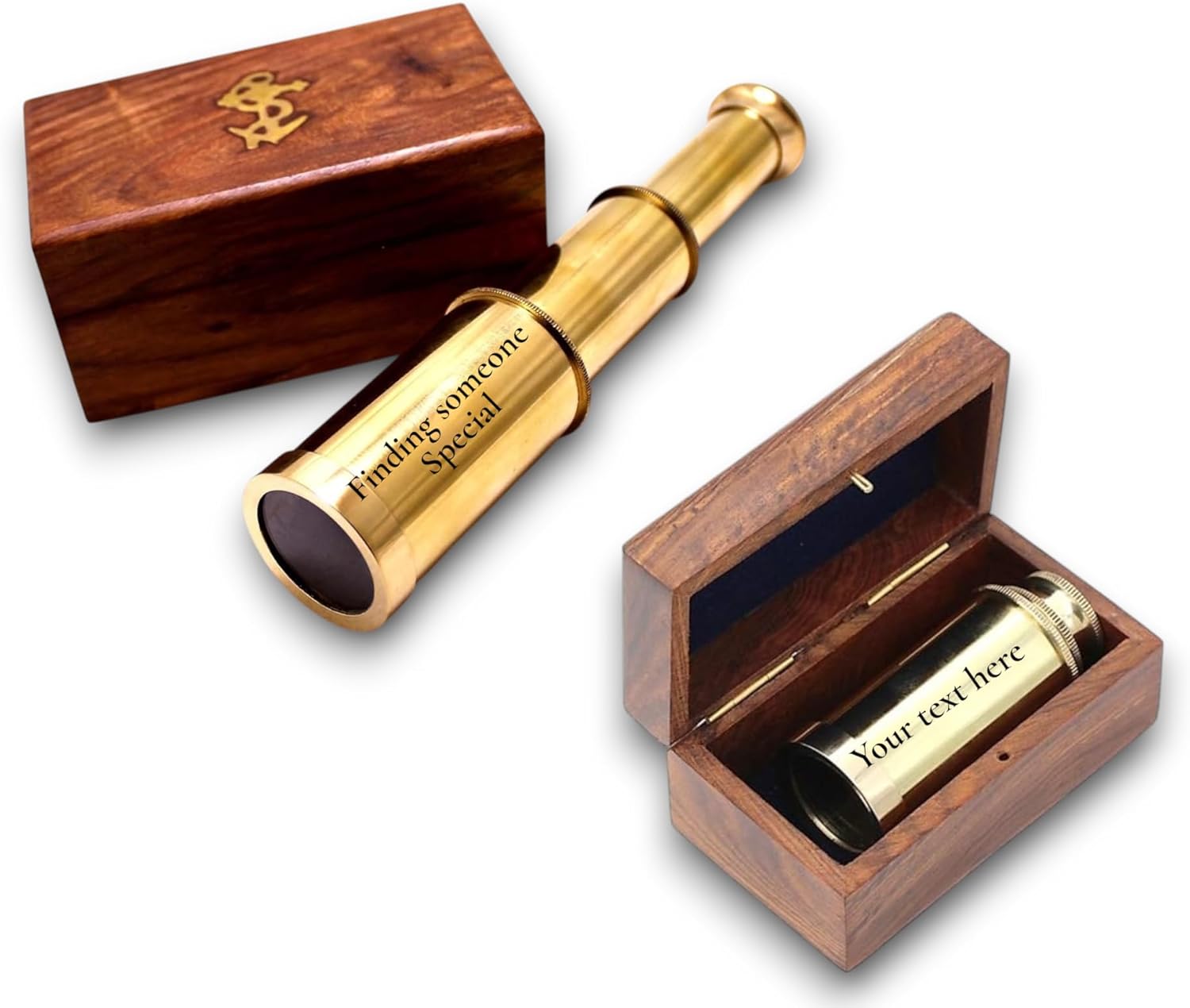 Personalized Engraved Captains 6" Brass Handheld Mini Telescope with Wooden Box Nautical Collectibles