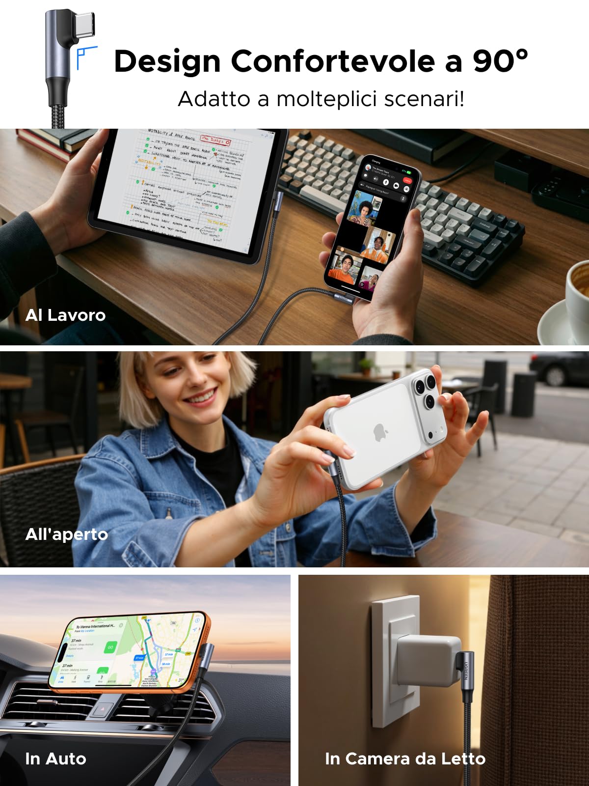 UGREEN Cavo USB C 240W 2M, Type C Carica Rapida PD3.1 90 Gradi, Compatibile con Macbook iPad iPhone 17 Pro Max Air/iPhone 16/15 Plus Pro MAX, Galaxy S25 S24 S23 S22, Pixel 10 9 8 ecc.