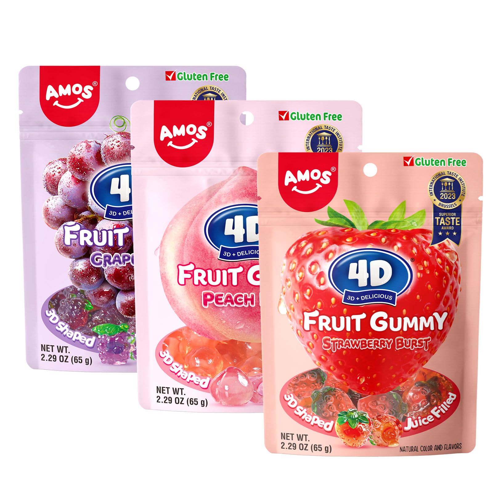 AMOS 4D Fruchtgummis Süßigkeiten Mix, Ostern 3 Schmecken (Erdbeere & Pfirsich & Traube) Süssigkeiten Bonbons, Fruchtgummi Süßes 65G/Beutel -3 Beutel