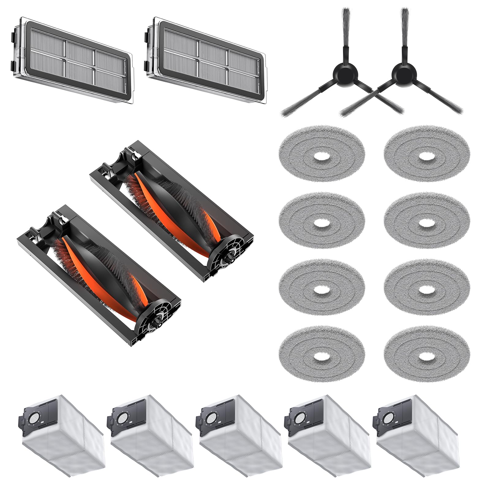 JONR T5 Pro Gen 2 Saugroboter Ersatzteile Set, 2 Anti-Verfilzungs-Seitenbürsten + 2 Anti-Verfilzungs-Rollenbürsten + 8 Wischtücher + 5 Staubbeutel + 2 Filter, Kompatibel mit T5 Pro Gen 2 Saugroboter