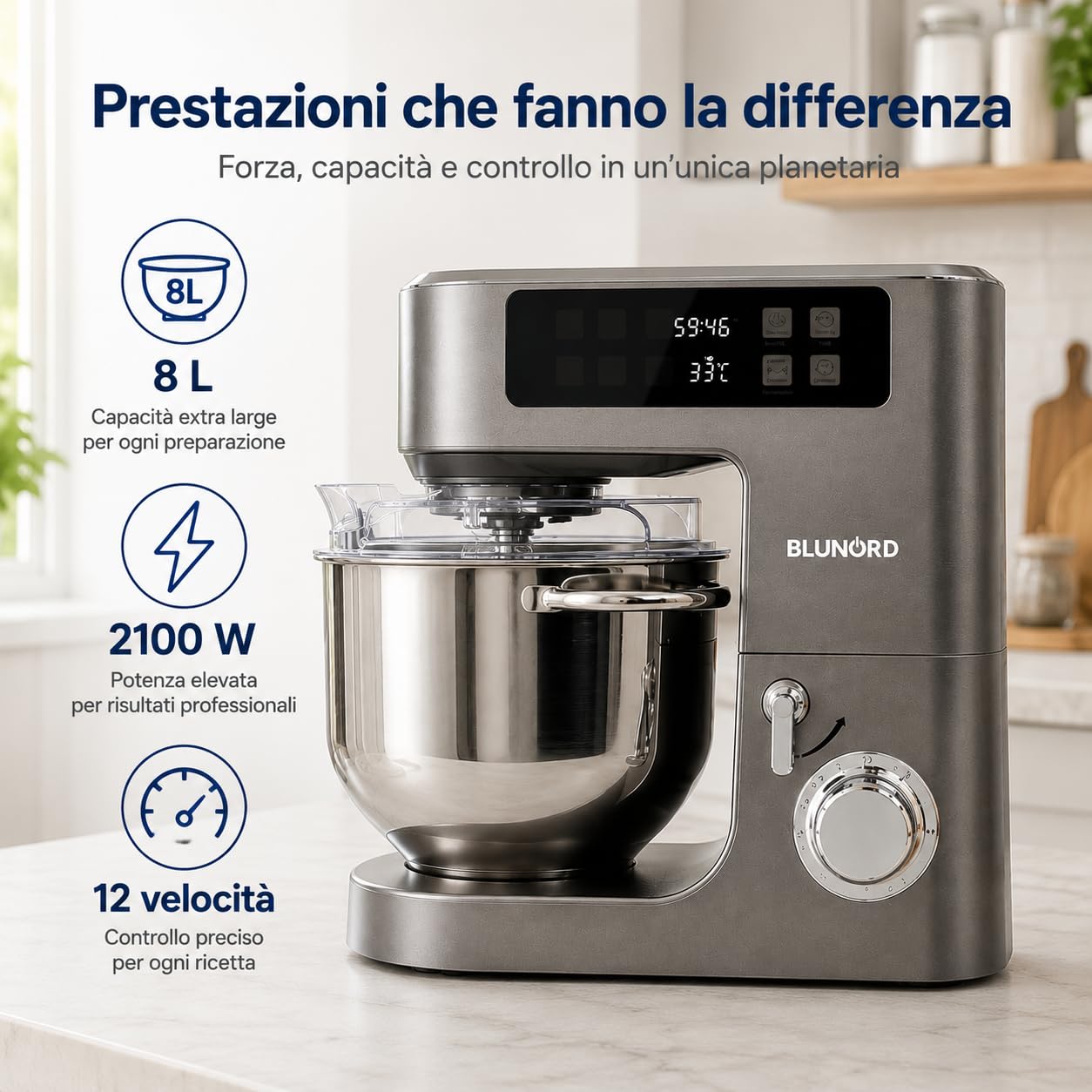 Planetaria 8 Litri BLUP4975 DELUXE, Impastatrice Planetaria 2100W con Bilancia Integrata, Display Touch a Colori, 12 Velocita, Fermentazione 25-45 C, Ciotola Inox e 3 Accessori