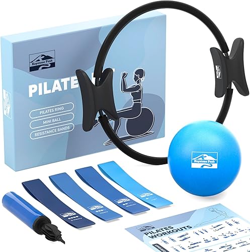 Juego de anillos de pilates y bolas, kit de pilates para el hogar con anillo de ejercicio de 14 pulgadas, 4 bandas de resistencia