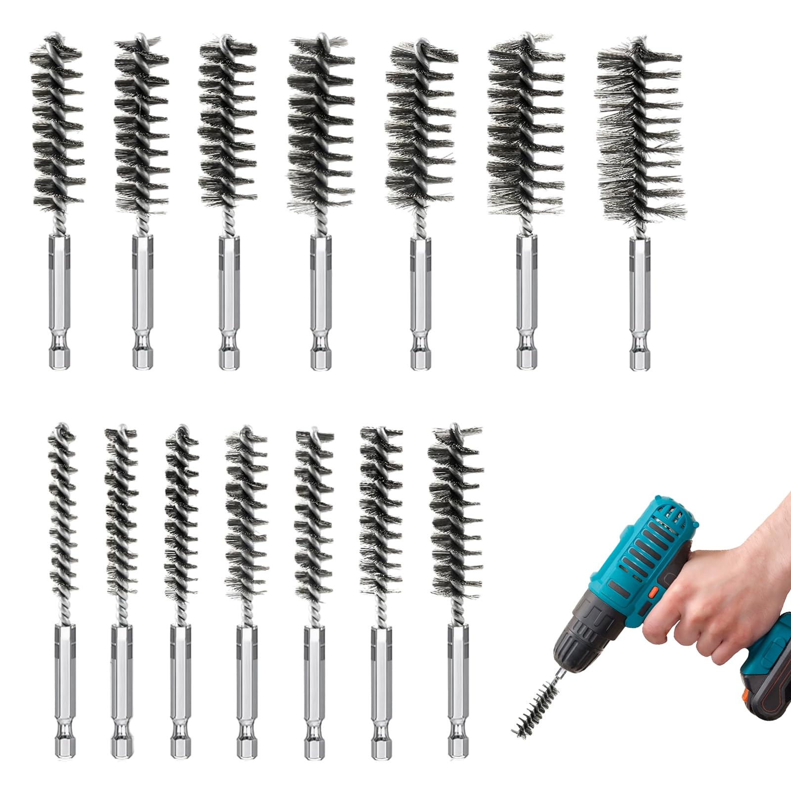 14 cepillos de alambre para taladro, cepillo cilíndrico para taladros con barra hexagonal, cepillos perforados de acero inoxidable, 8 – 25 mm, cepillo para agujeros con caja de almacenamiento para