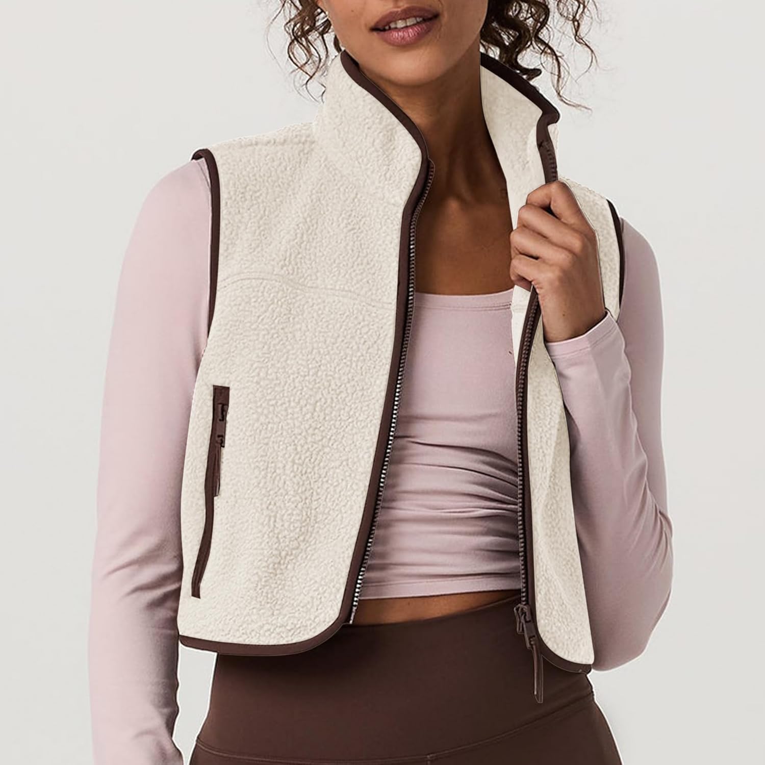 Cropped Fleece Vest Women Zip Up Stand Collar Warm Sherpa Vest Fall Cute Sleeveless Fleece Waistcoat with Pocket - Image 7