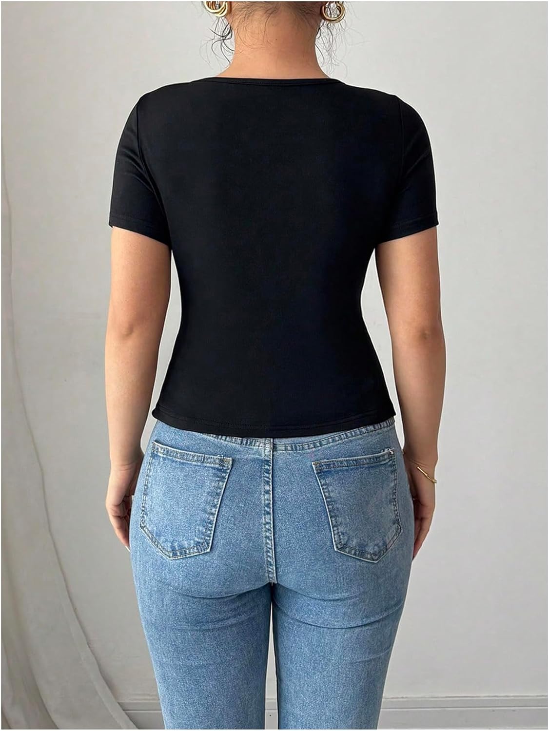 SweatyRocks Women's 3D Floral Asymmetrical Neck Short Sleeve Fitted T Shirts Going Out Tops - Image 3